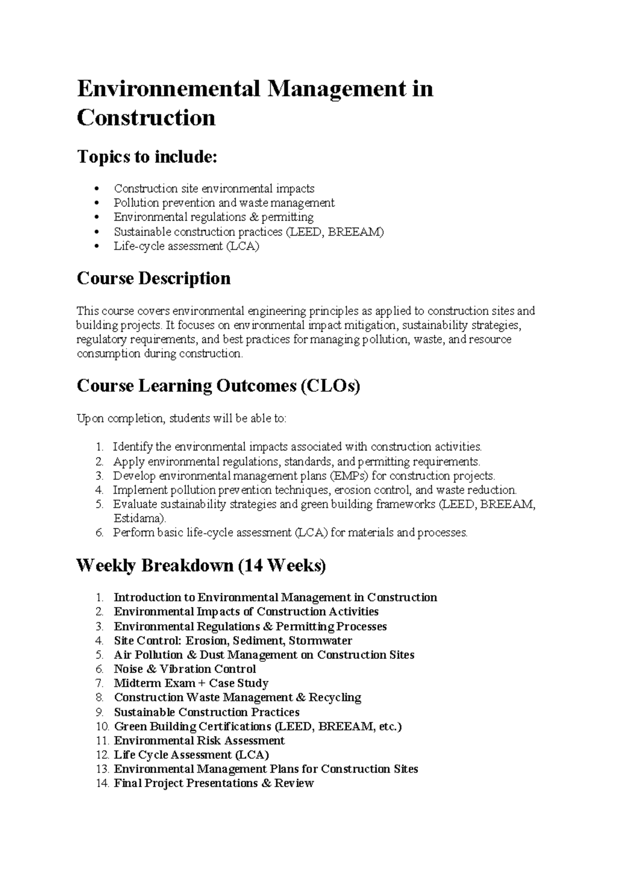 Course 2: Environmental Management in Construction Overview and Topics ...