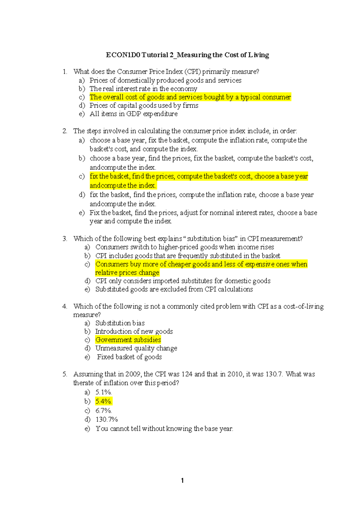 ECON1D0 Tutorial 2: Solutions for Measuring the Cost of Living - Studocu