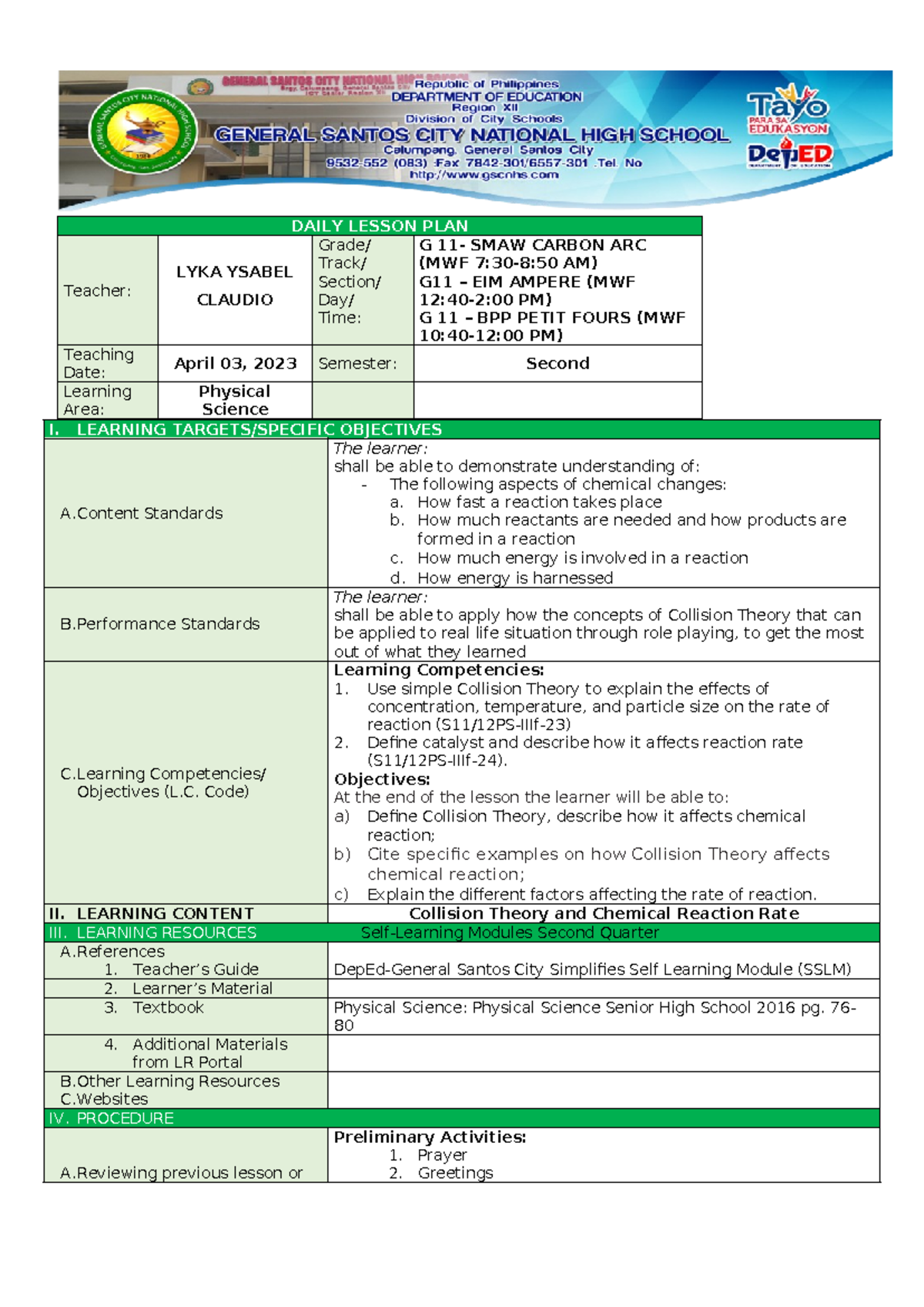 Physci WEEK 5 - Lesson Plan - I. LEARNING TARGETS/SPECIFIC OBJECTIVES A ...