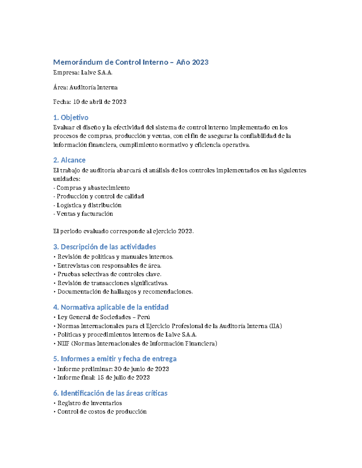 Memorándum Control Interno Laive S.A. 2023 - Auditoría Interna - Studocu