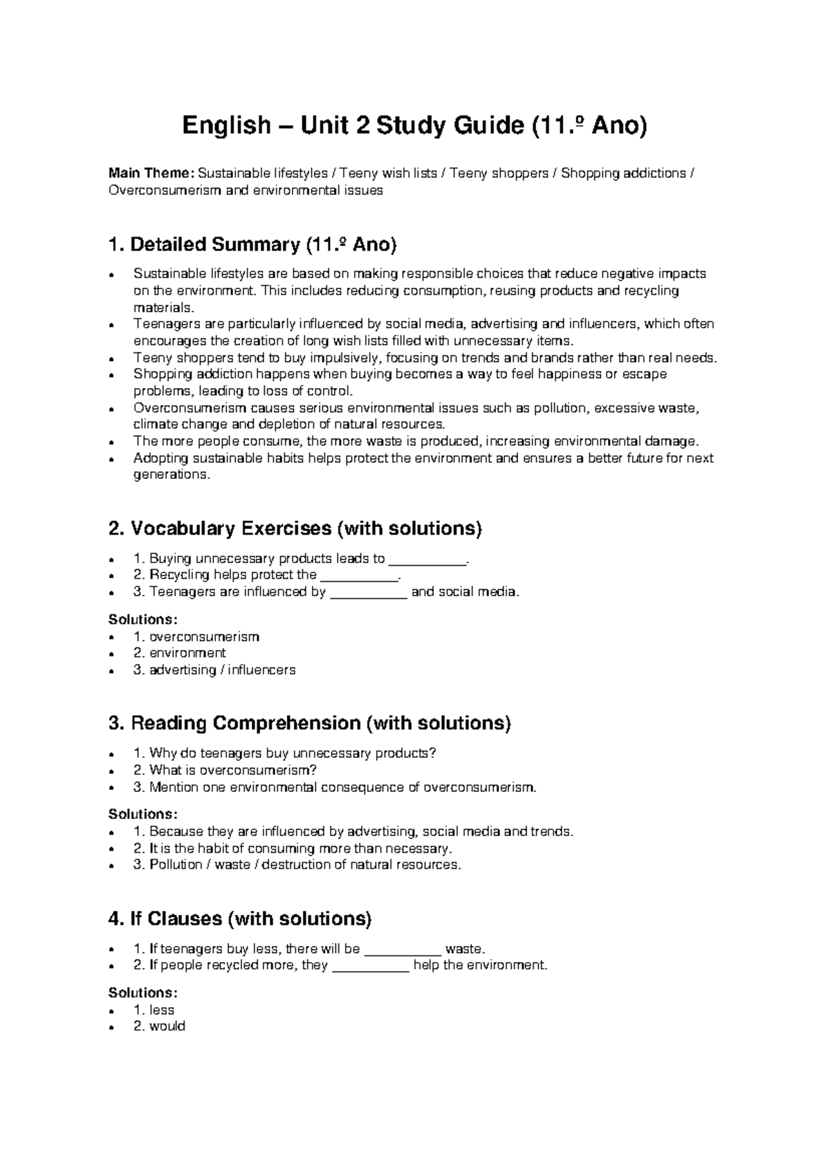 English Unit 2 Study Guide (11.º Ano): Sustainable Lifestyles ...