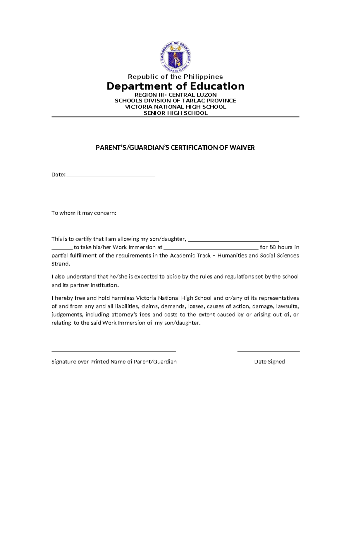 Parental-consent-1 - Work immersion - Republic of the Philippines ...