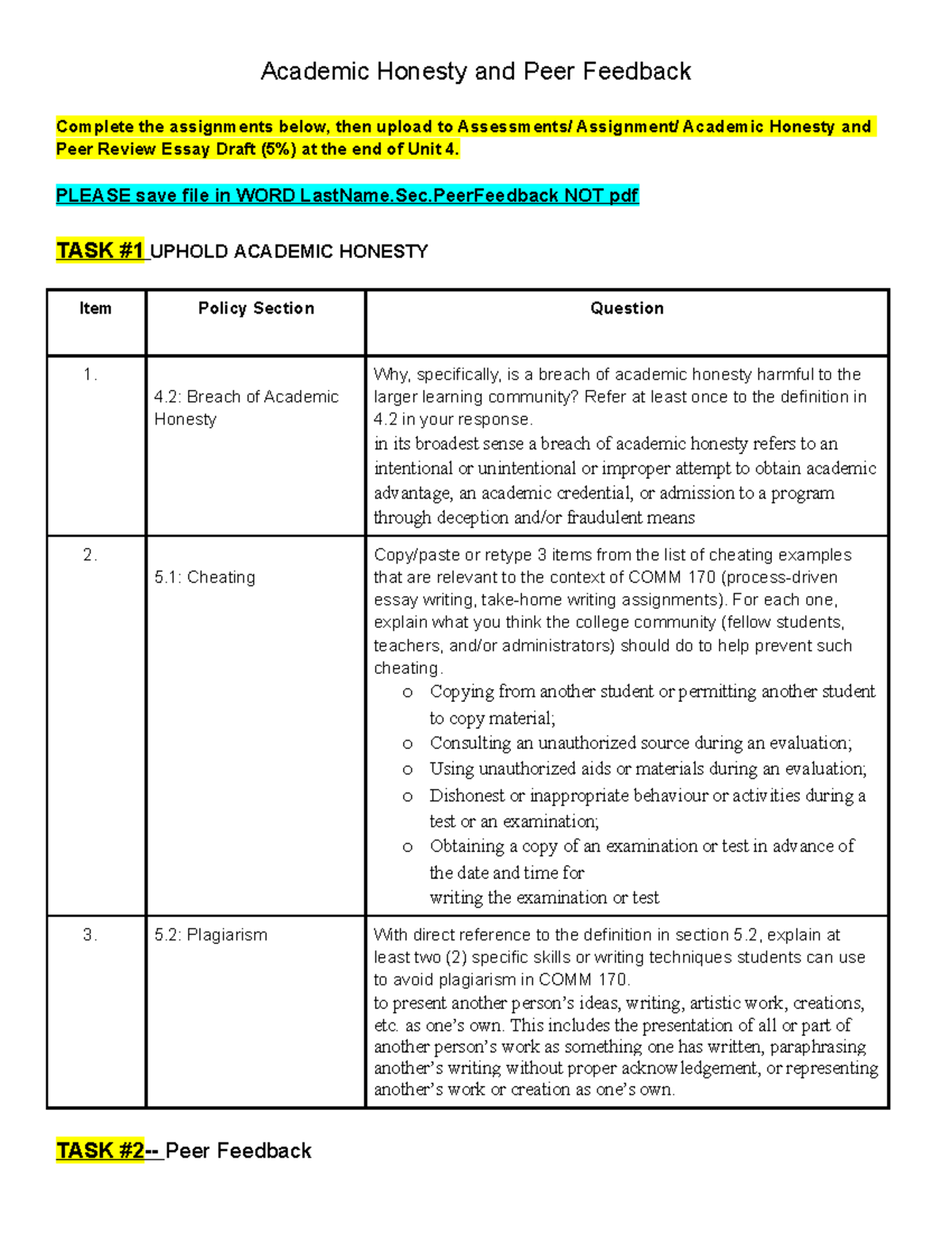 COMM 170: Academic Honesty and Peer Feedback Template Guide - Studocu