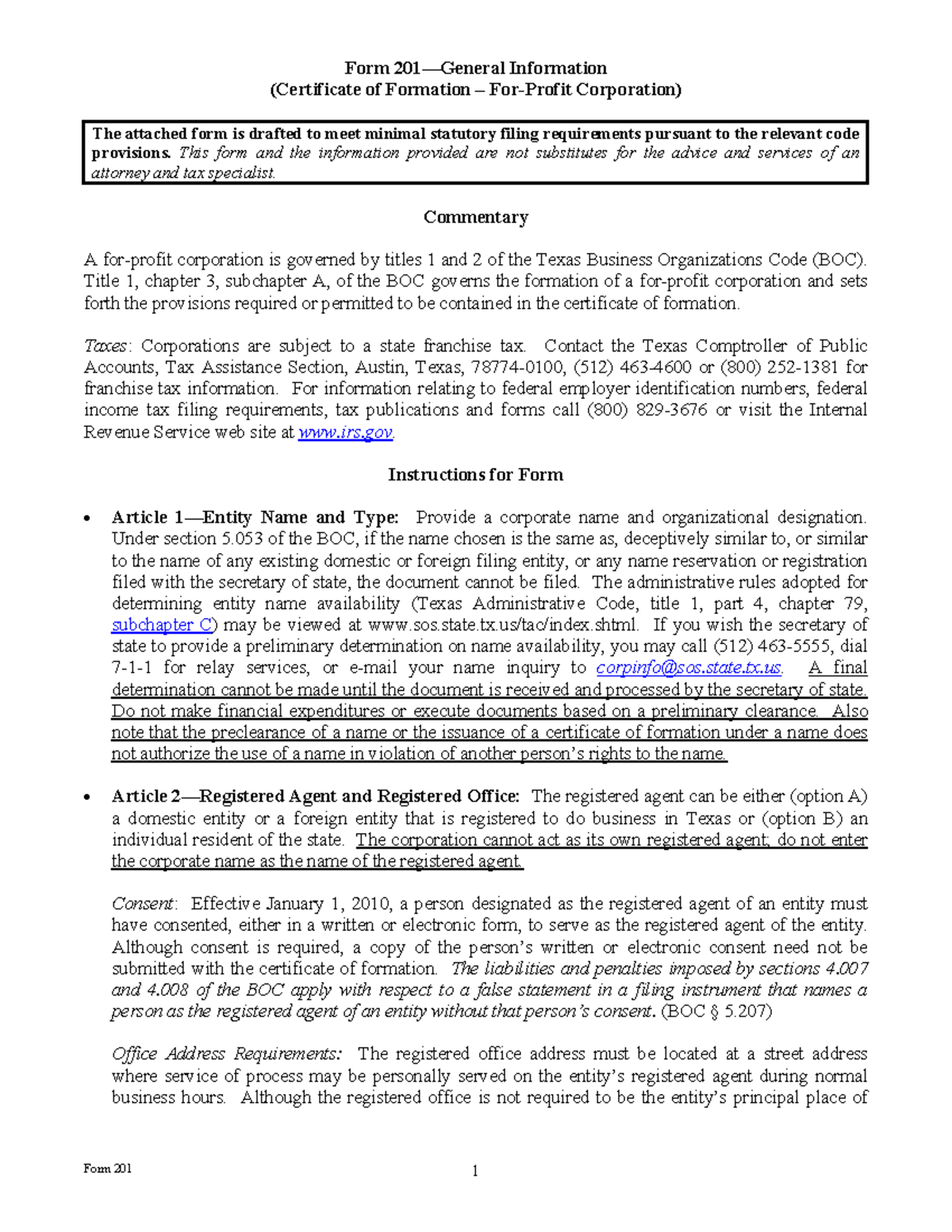 TX+Form+201 - Certificate of Formation for Profit Corp - Studocu