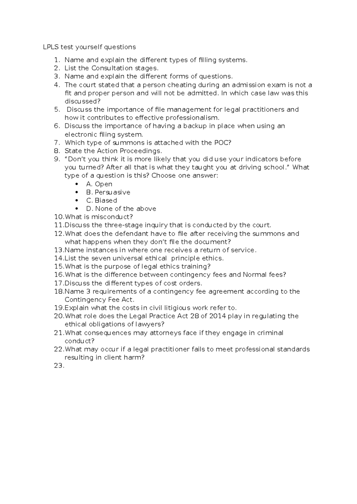 LPLS Test Yourself Questions: Legal Filing & Ethics Review Guide - Studocu
