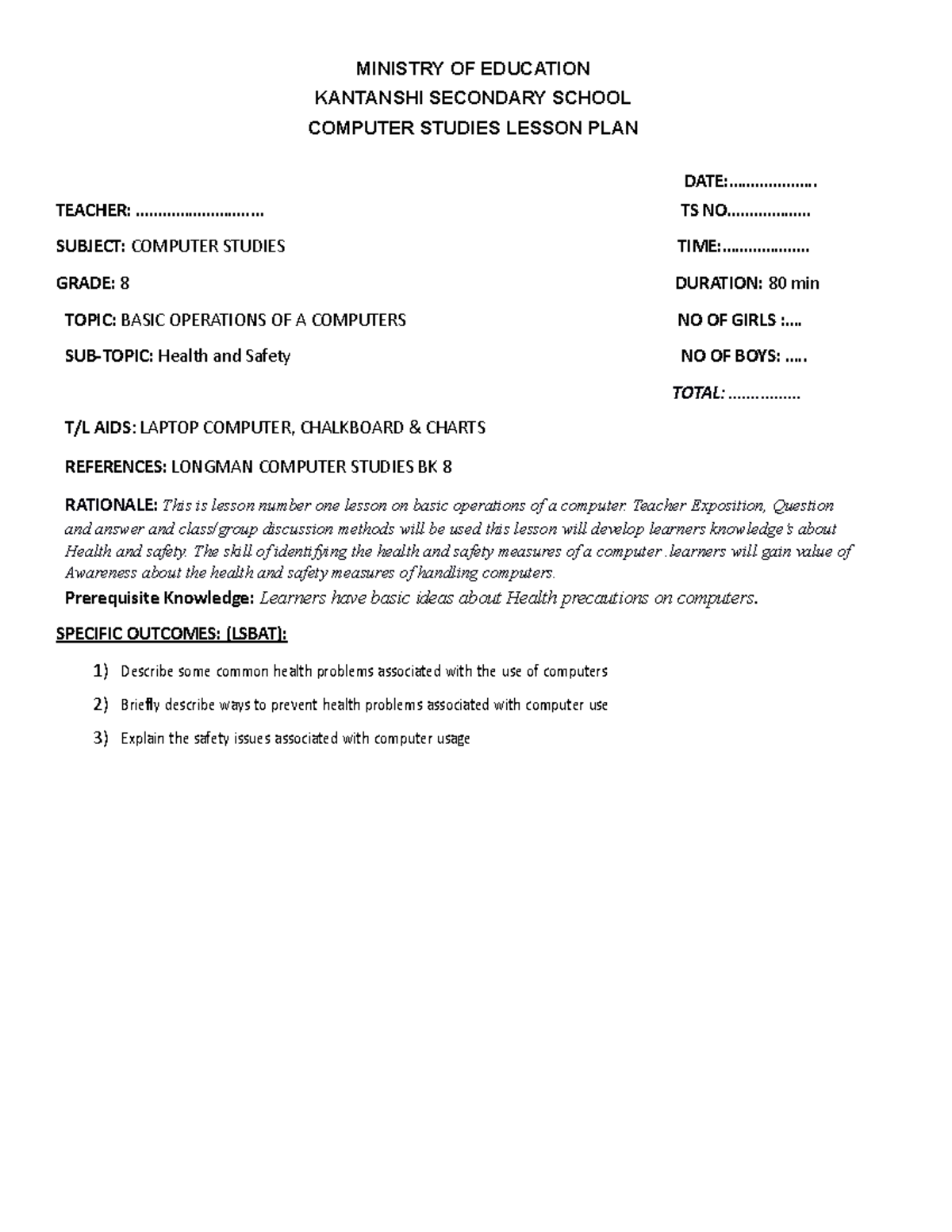 Computer Studies Lesson Plan - Basics & Safety Precautions (Grade 8 ...