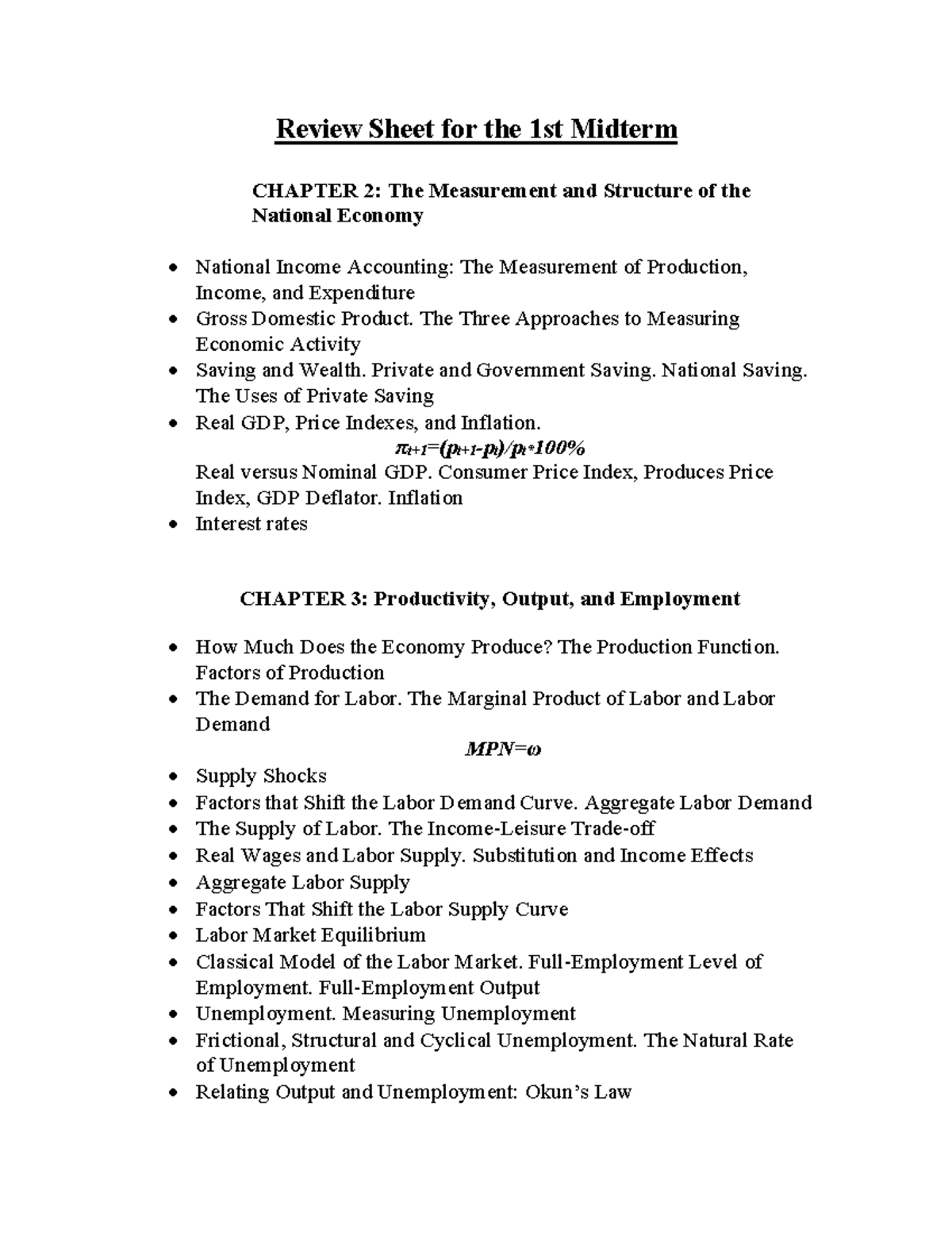 Review Sheet Midterm 1 - Review Sheet for the 1st Midterm CHAPTER 2 ...