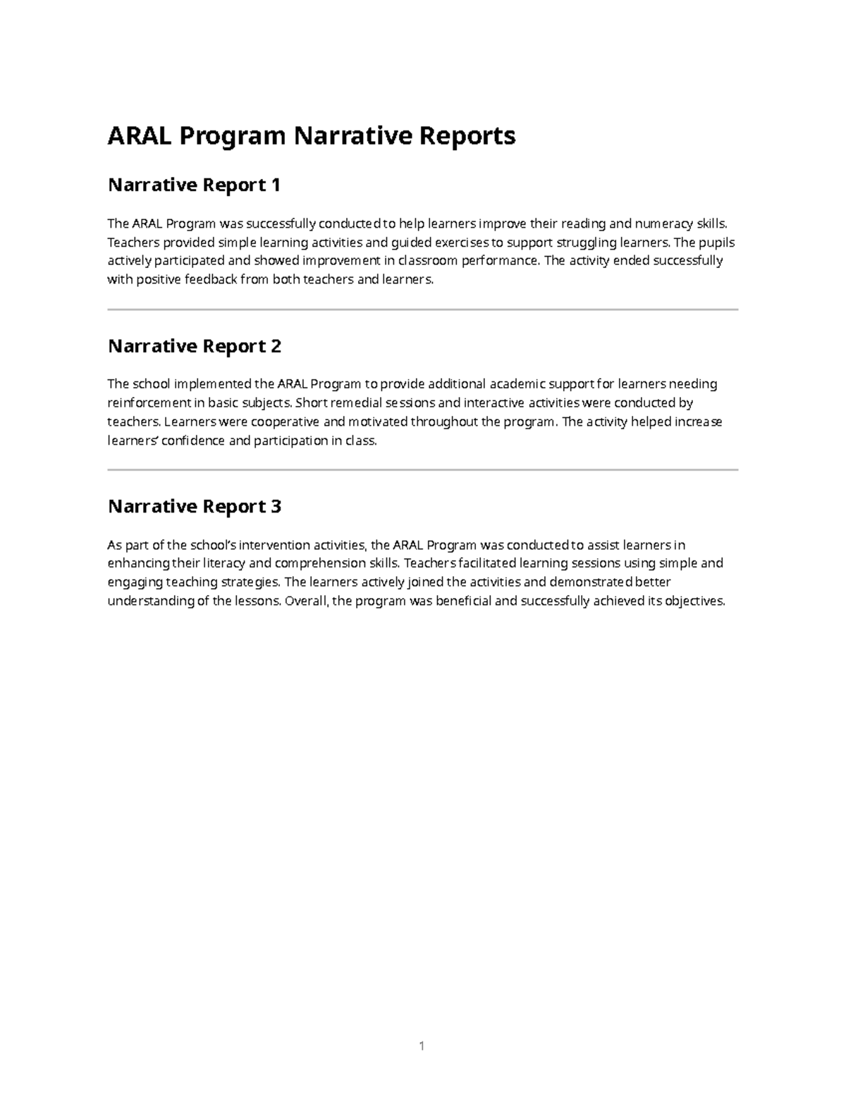 ARAL Program Narrative Reports: Enhancing Learner Skills - Studocu