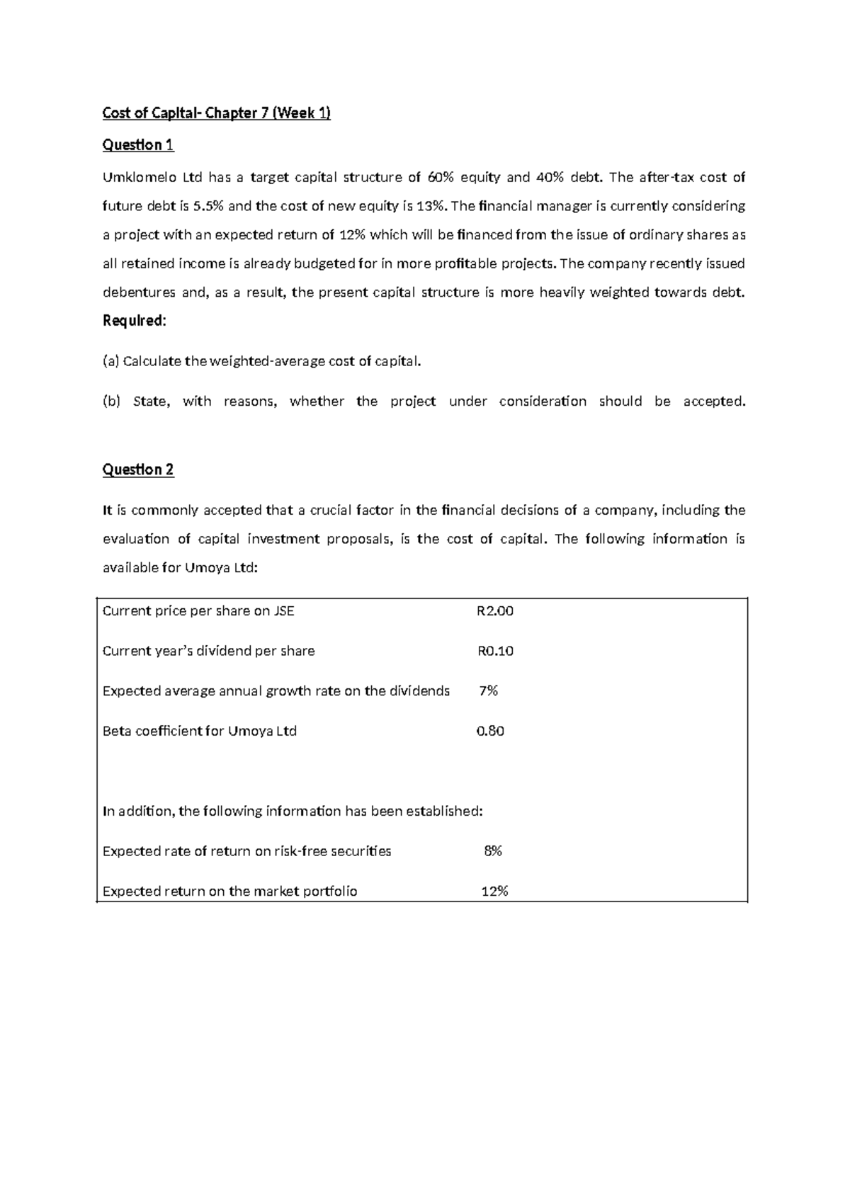 Cost of Capital Analysis and Project Evaluation (FIN 301) - Studocu