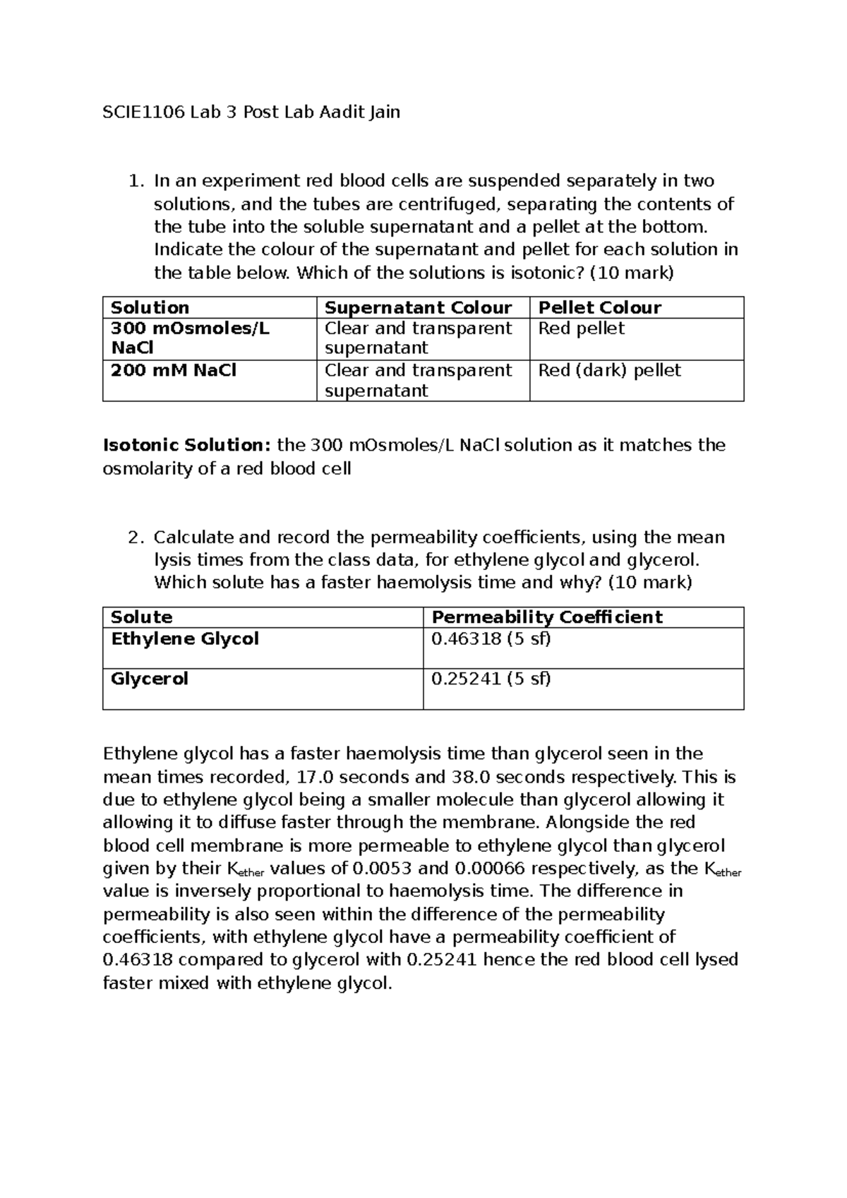 SCIE1106 Lab 3 Post Lab: Red Blood Cell Osmolarity & Permeability ...