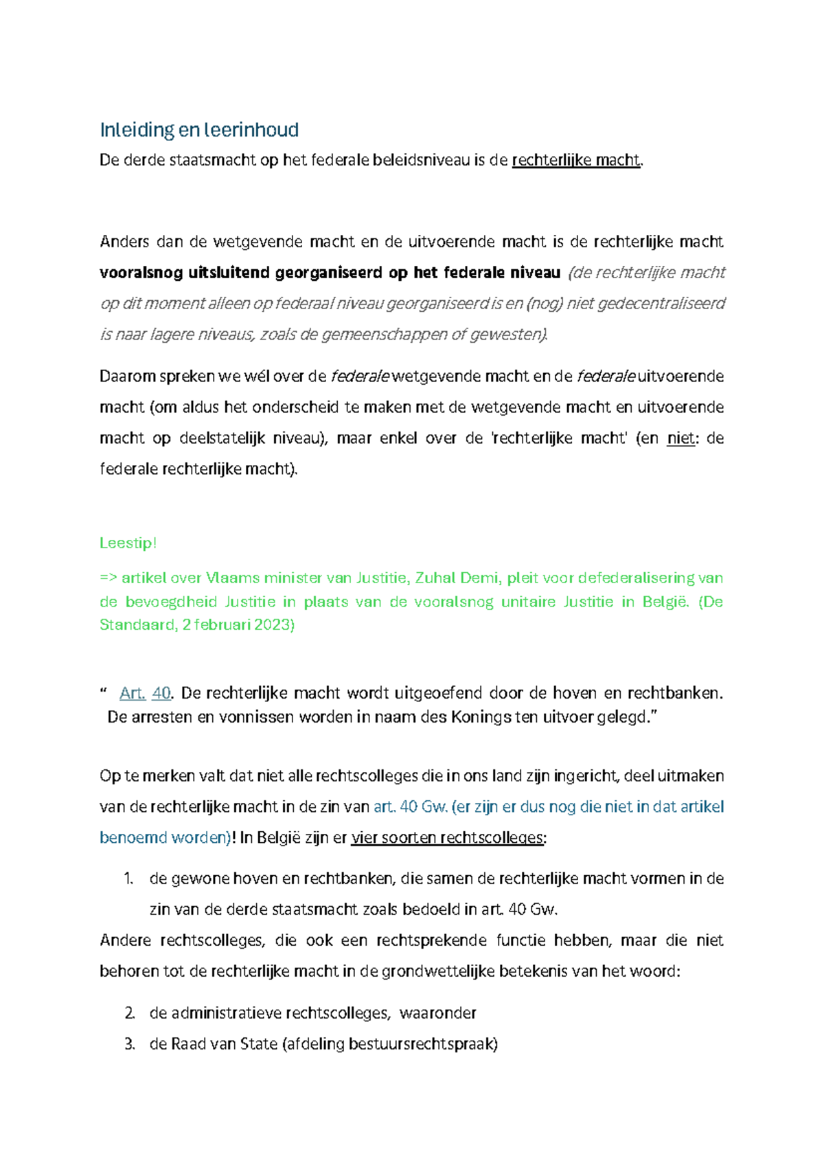 Federale overheid en de Rechterlijke Macht: Een Overzicht - Studocu