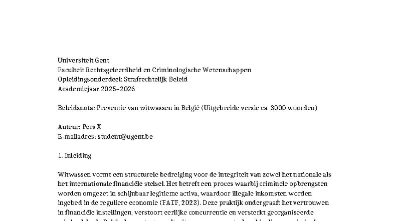 Beleidsnota: Preventie van Witwassen in België (3000 woorden) - Studocu