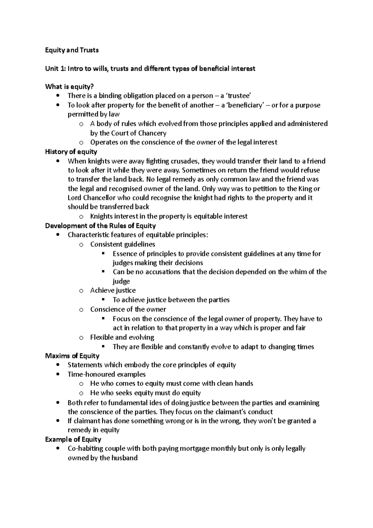 Equity and Trusts Notes - Unit 1: Intro to Wills and Trusts Overview ...