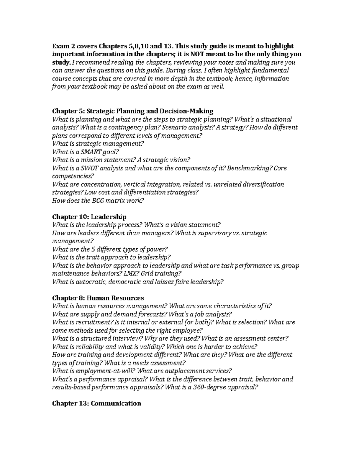 Exam 2 New Study Guide - Exam 2 covers Chapters 5,8,10 and 13. This ...