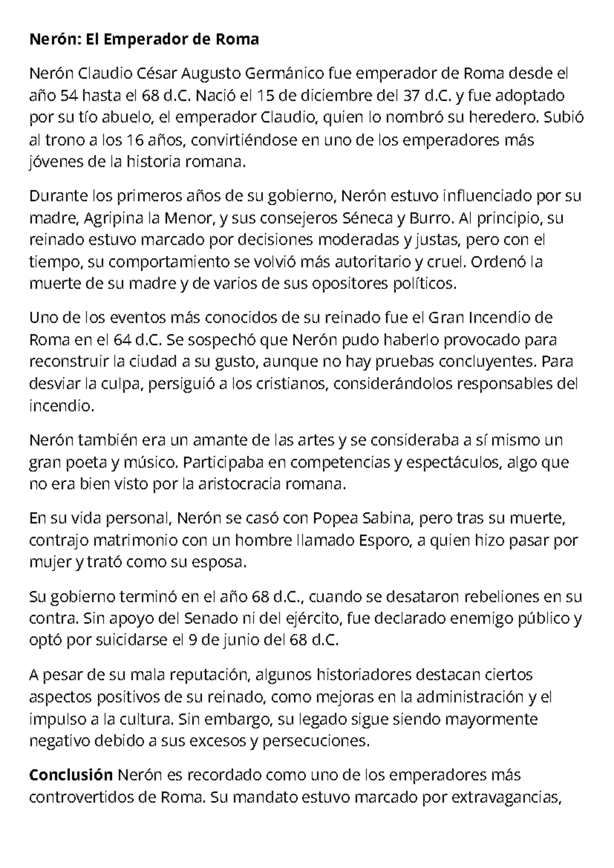 Nerón: Un Análisis del Emperador Controvertido de Roma - Studocu
