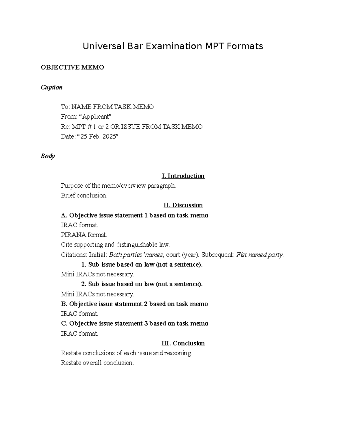 MPT Formats for Universal Bar Exam: Objective Memo & Briefs - Studocu