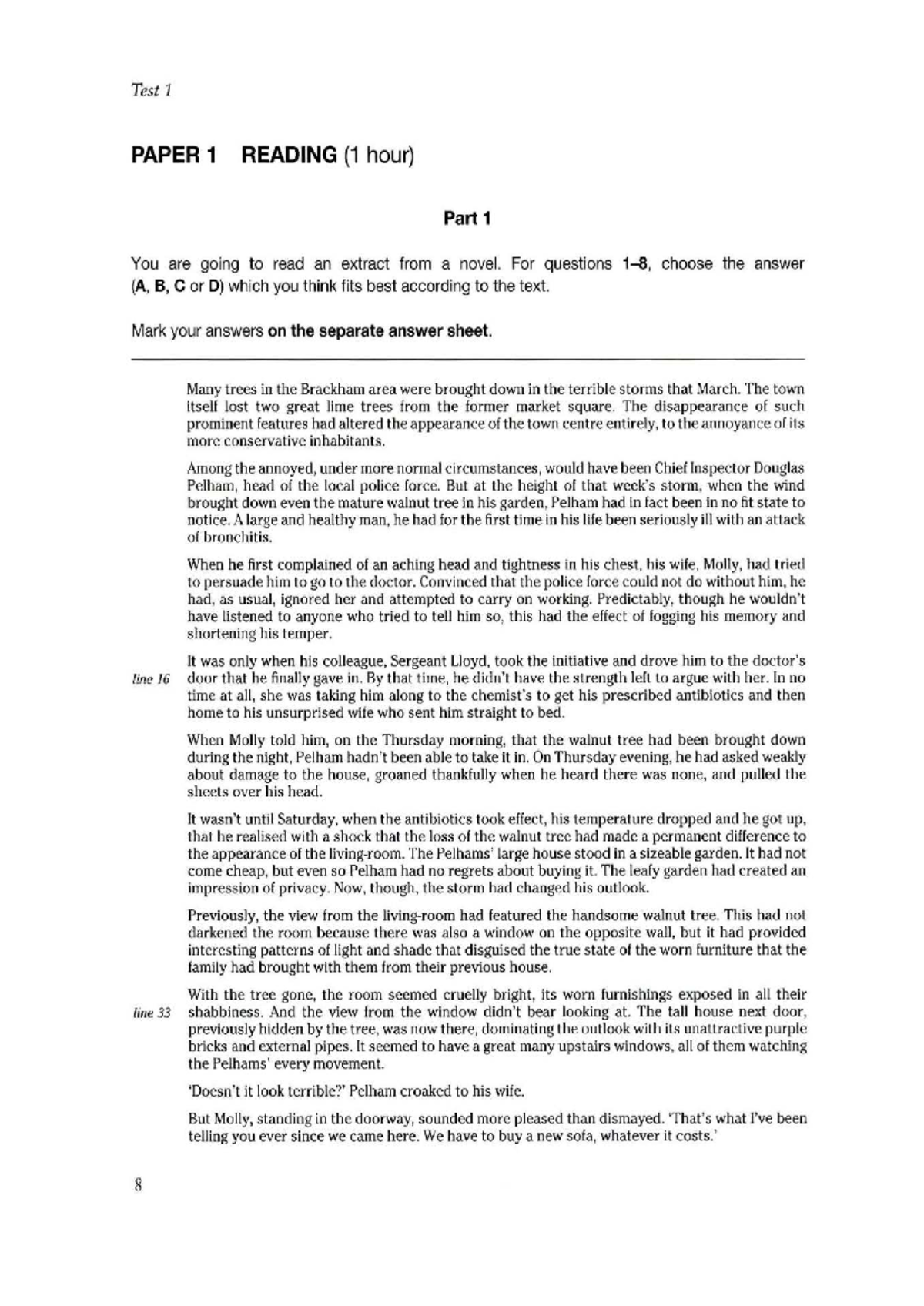 Reading Test 1 - Paper 1: Novel Extract Analysis - Studocu