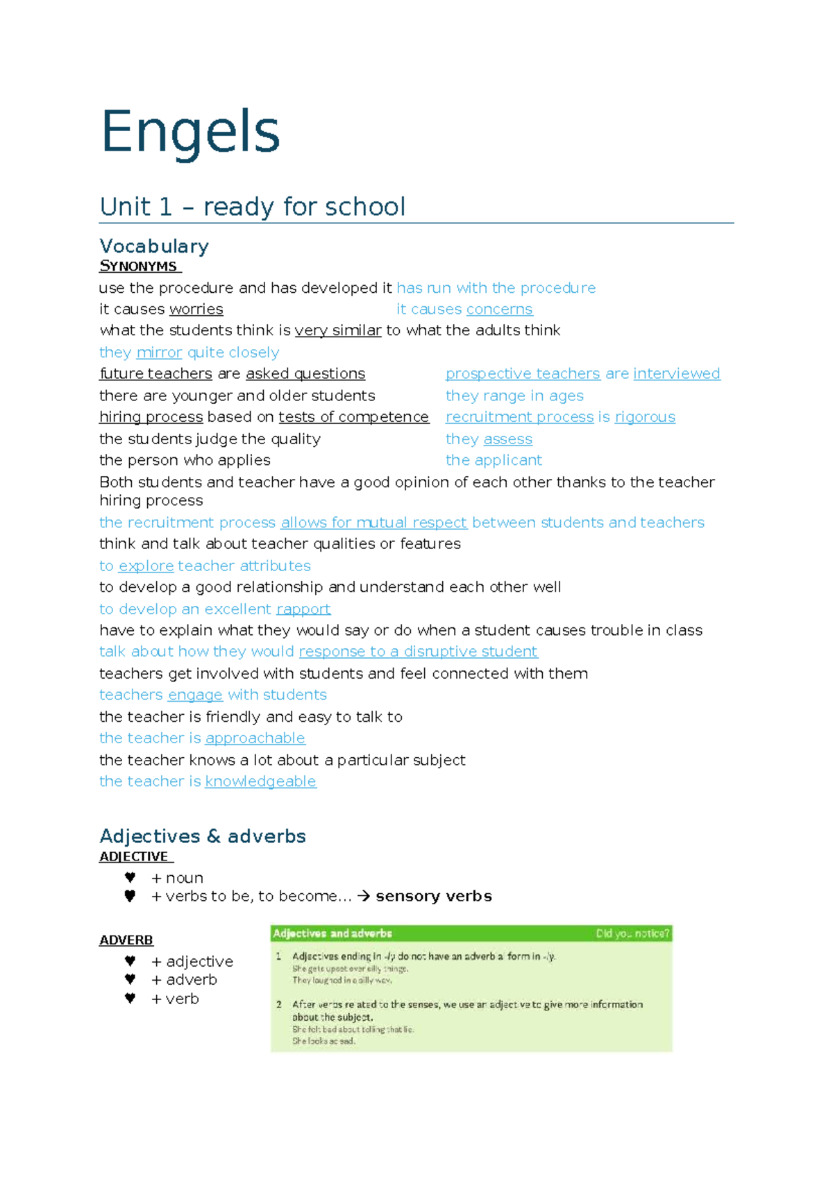 Unit 1 Summary: Vocabulary and Teacher-Student Dynamics - Studocu