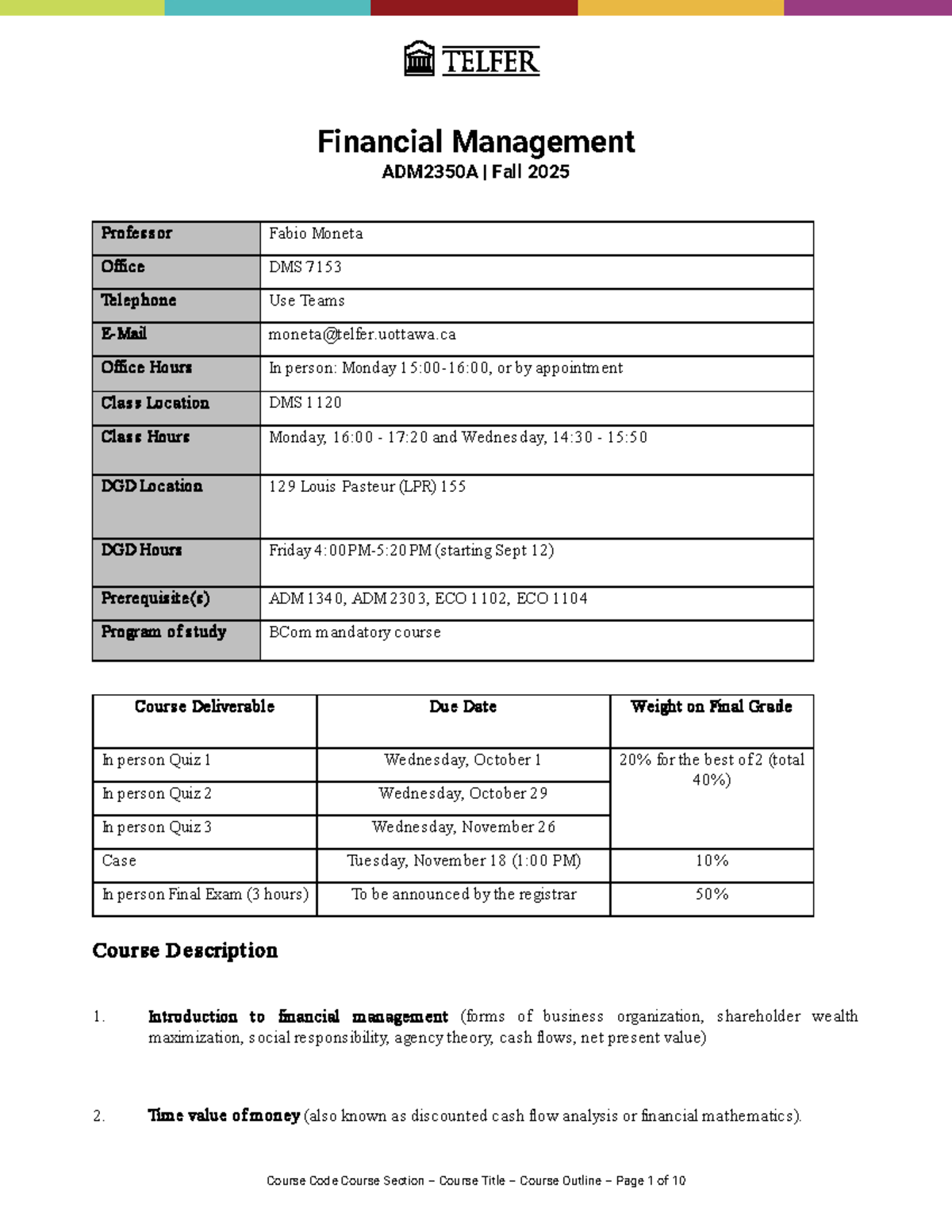 Financial Management ADM2350A Course Outline and Notes Fall 2025 - Studocu