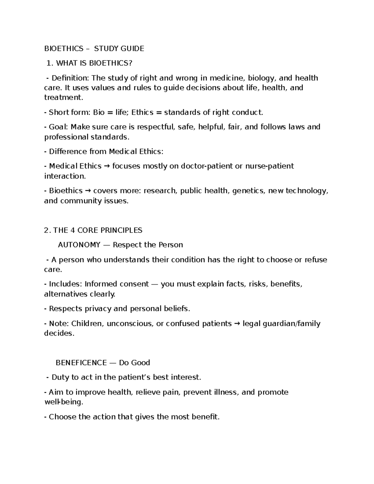 BIOETHICS REVIEWER: CORE PRINCIPLES & KEY TOPICS - Studocu
