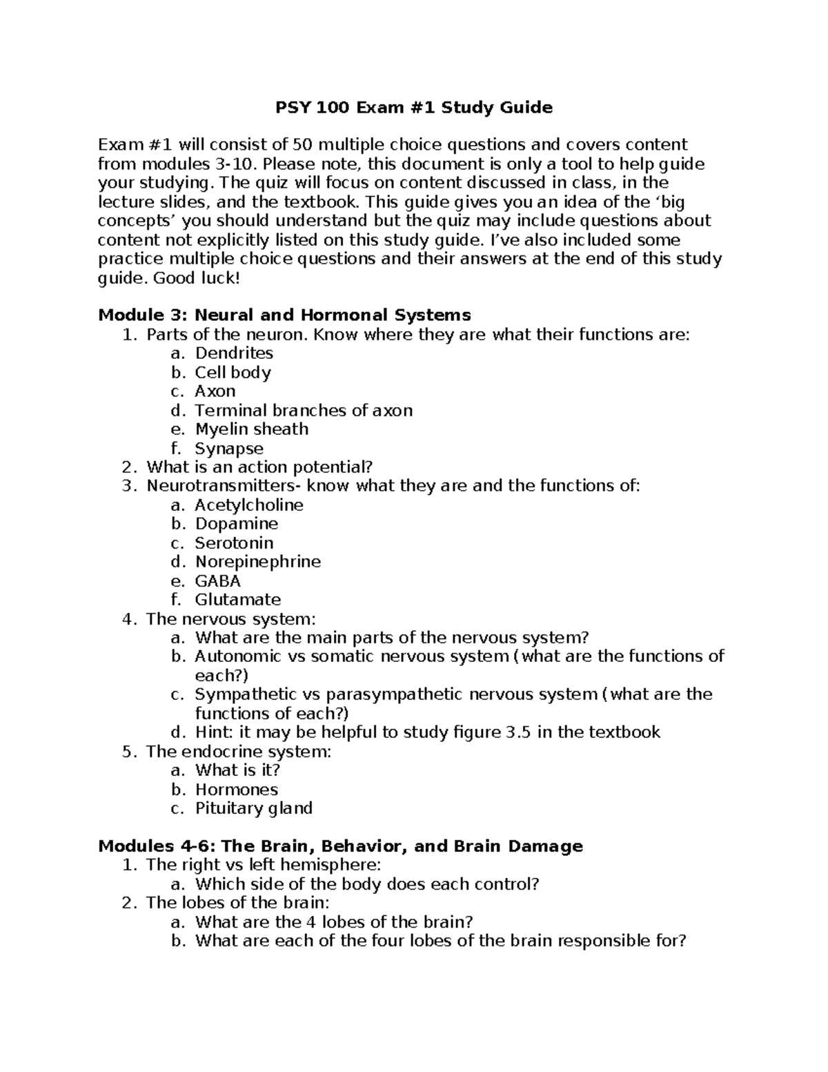 PSY 100 Exam 1 Comprehensive Study Guide & Practice Questions - Studocu
