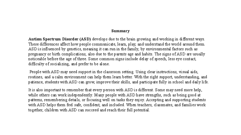 Summary of Autism Spectrum Disorder (ASD) Insights - Studocu