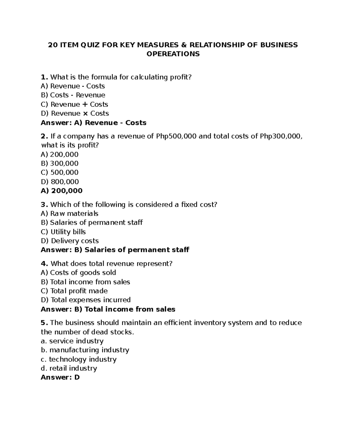 20 ITEM QUIZ FOR KEY MEASURES IN BUSINESS OPERATIONS (Group 1) - Studocu