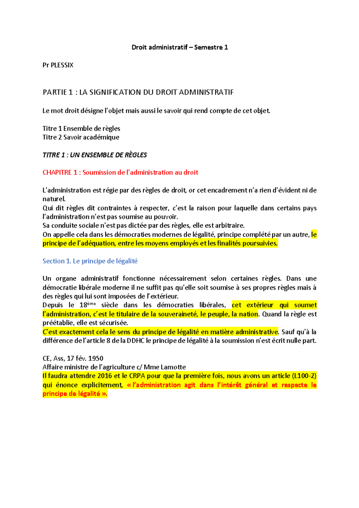 Droit Admin - S1 - Droit administratif – Semestre 1 Pr PLESSIX PARTIE 1 ...