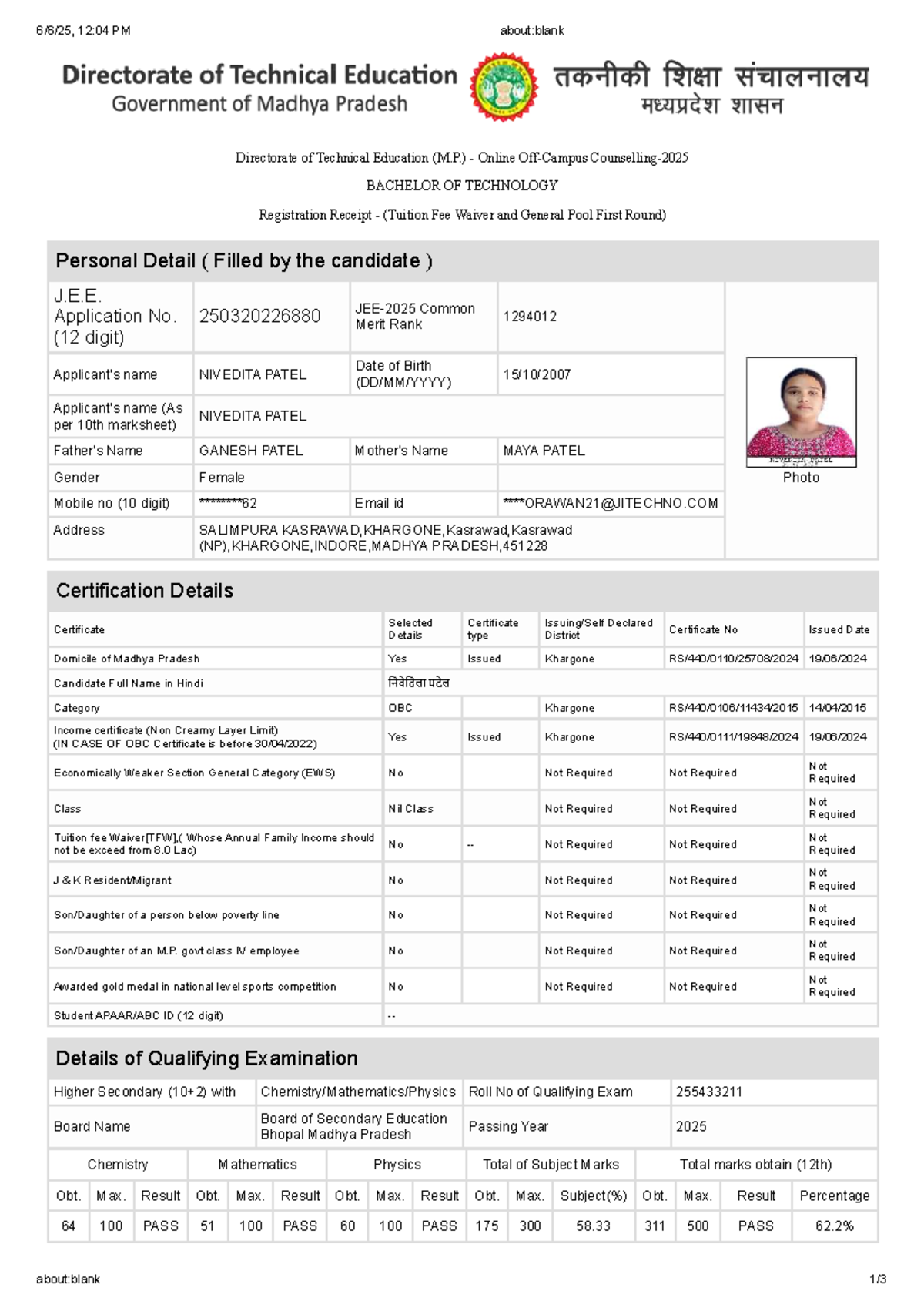 B.Tech Registration Receipt - Nivedita Patel (Tuition Fee Waiver) - Studocu