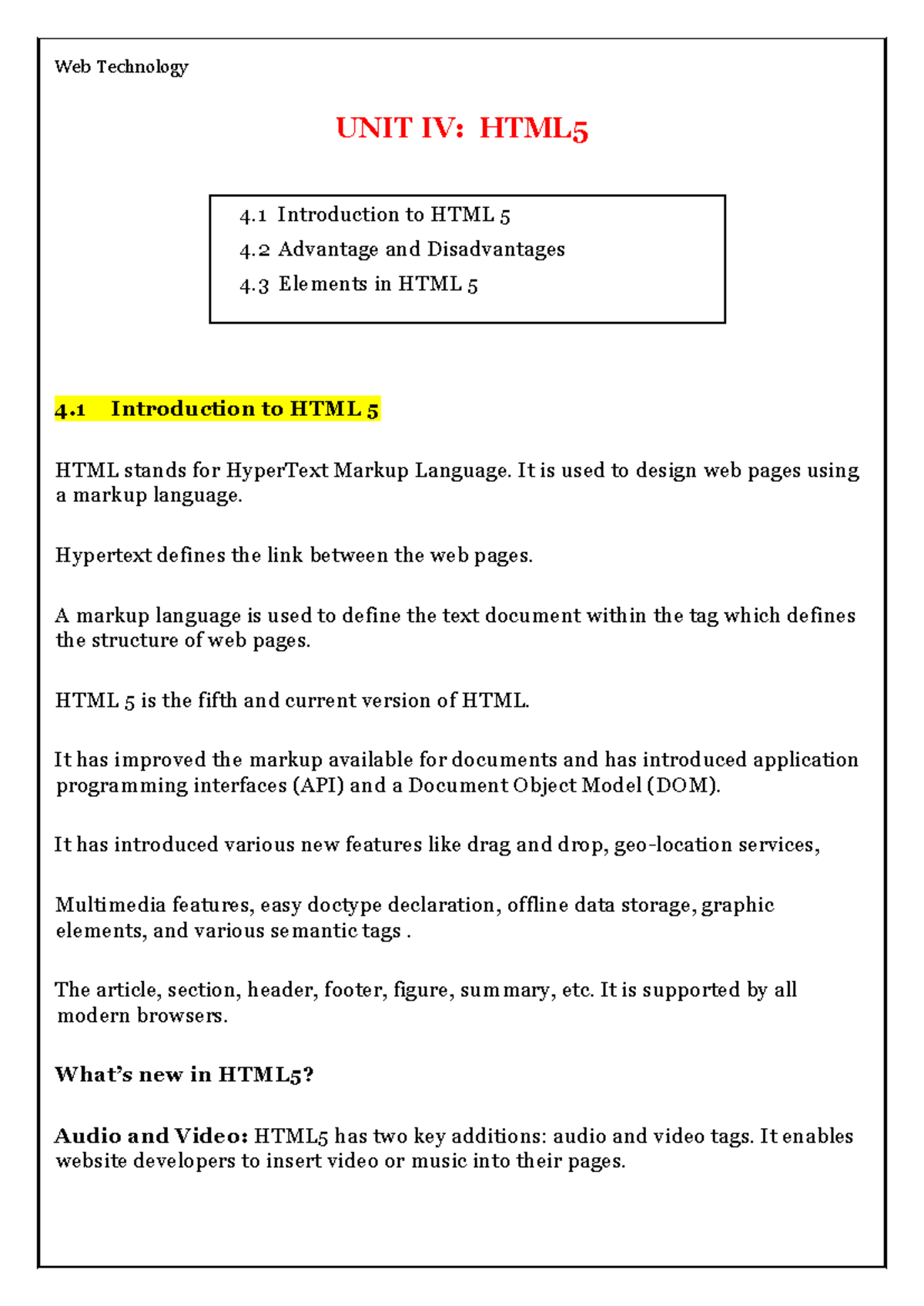 WT (UNIT IV) - UNIT Four with Covered Topics 4.1 Introduction to HTML 5 ...