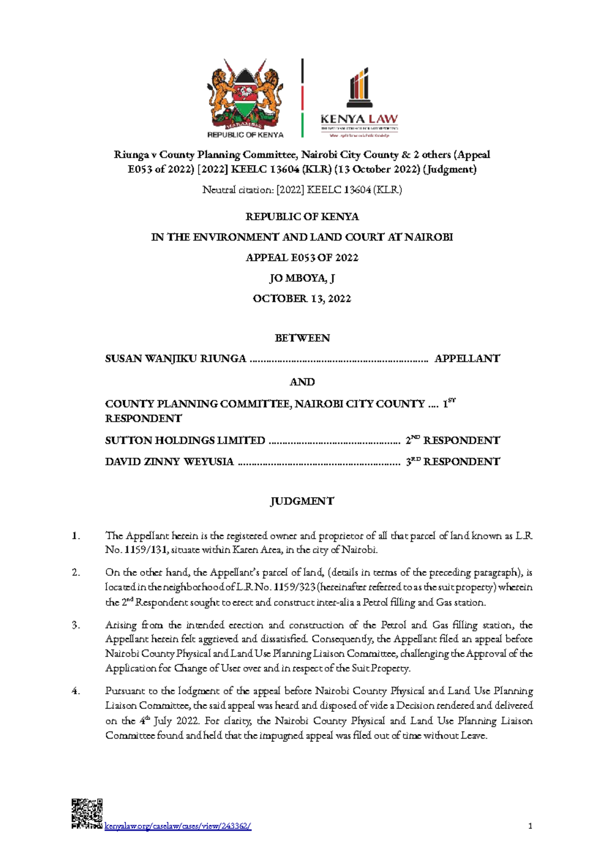 Riunga v County Planning Committee, Nairobi City County (Appeal E053 ...