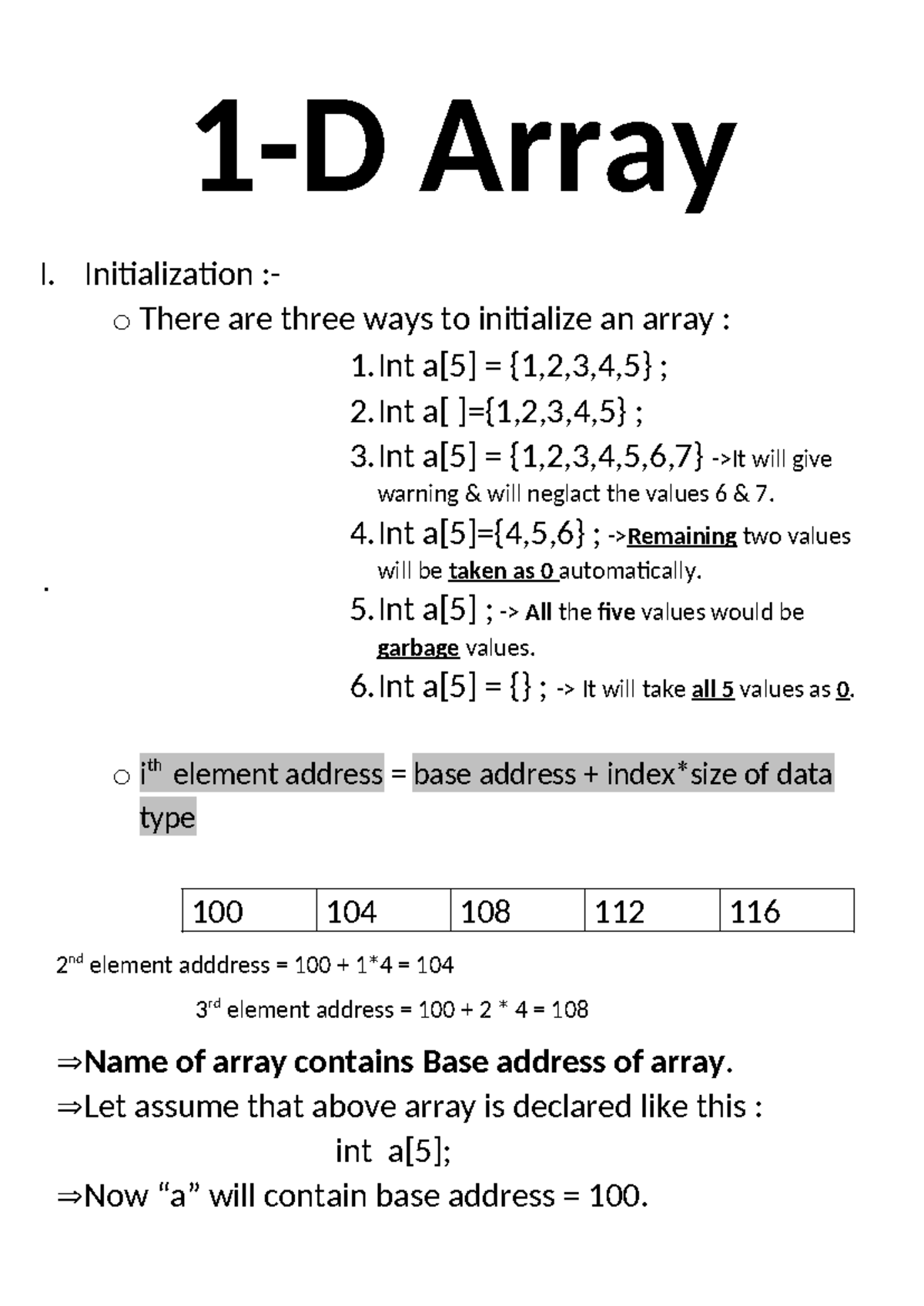 Arrays I: Initialization and Memory Representation (CS101) - Studocu