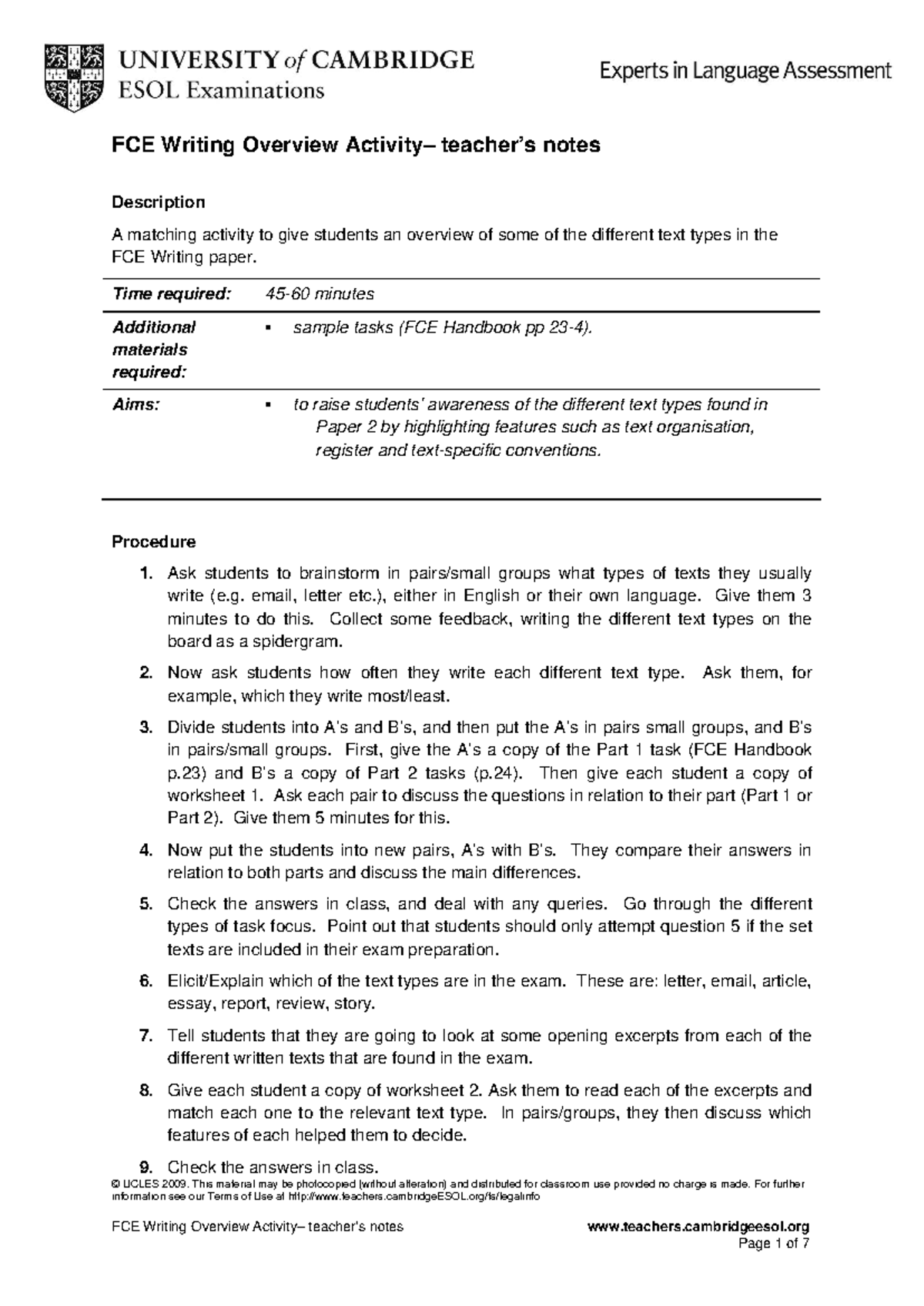 FCE Writing Overview Activity: Text Types and Features - Studocu