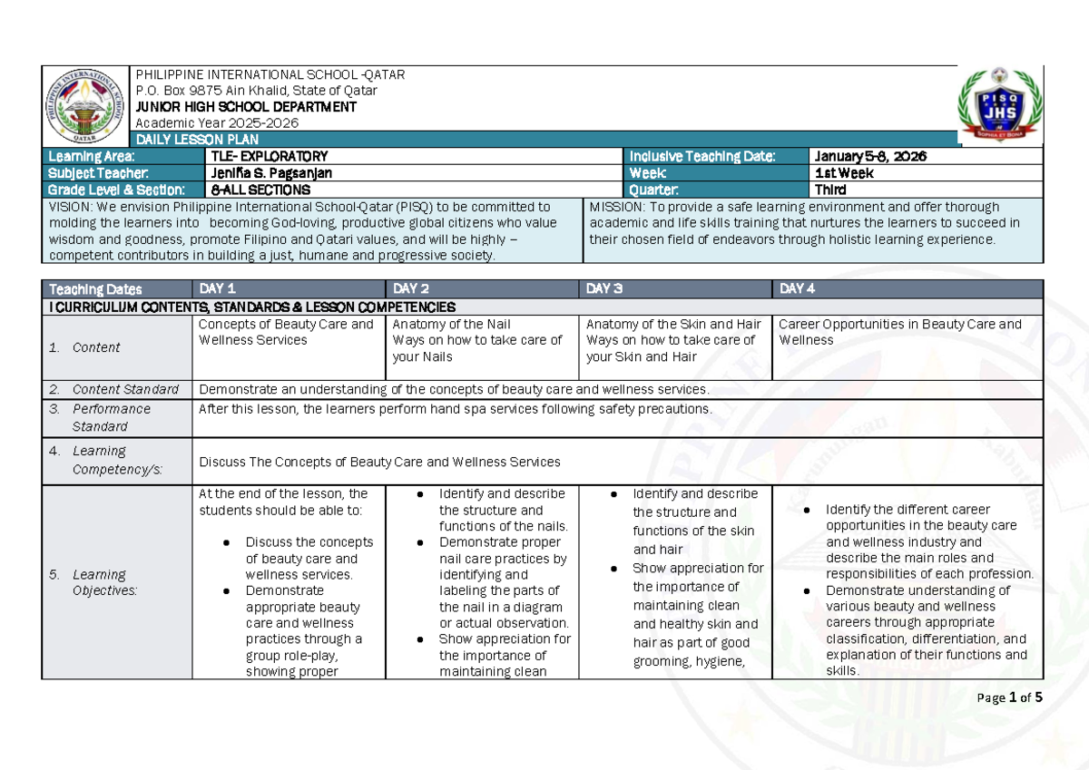 DLP TLE 8: Exploratory Beauty Care & Wellness Lesson Plan - Studocu