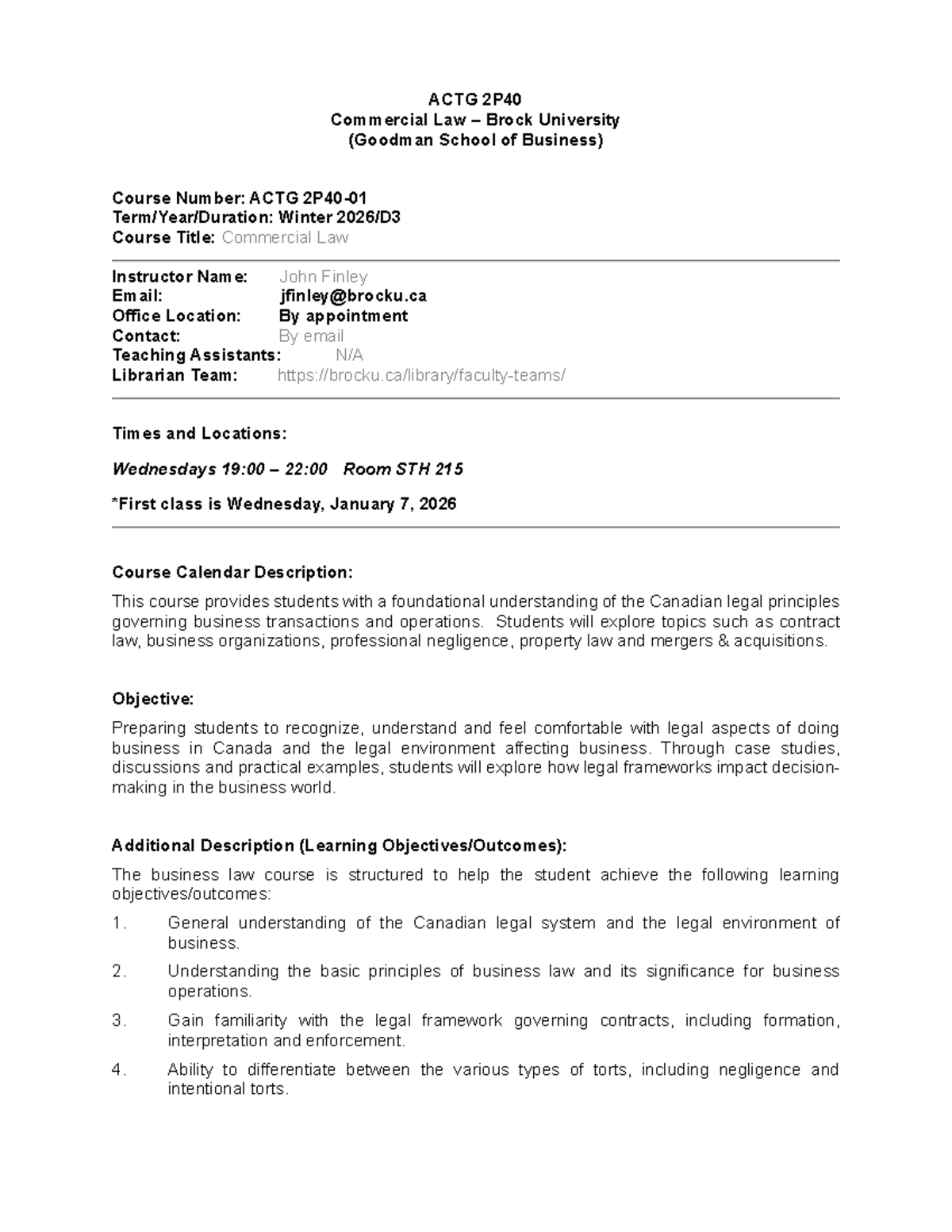 ACTG 2P40 Commercial Law Course Outline - Winter 2026 - Studocu