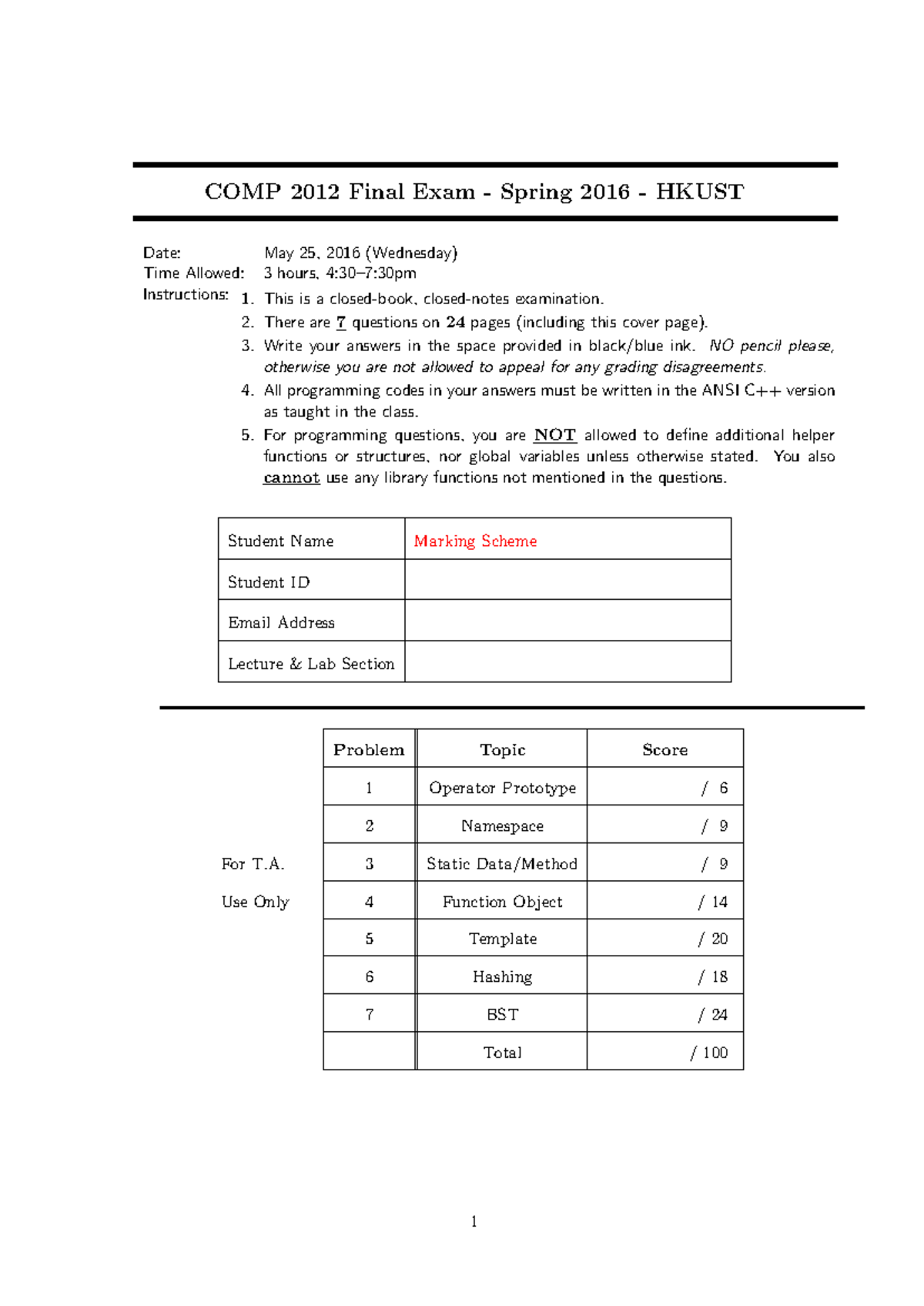 COMP 2012 Final Exam Solutions Spring 2016 HKUST - Studocu