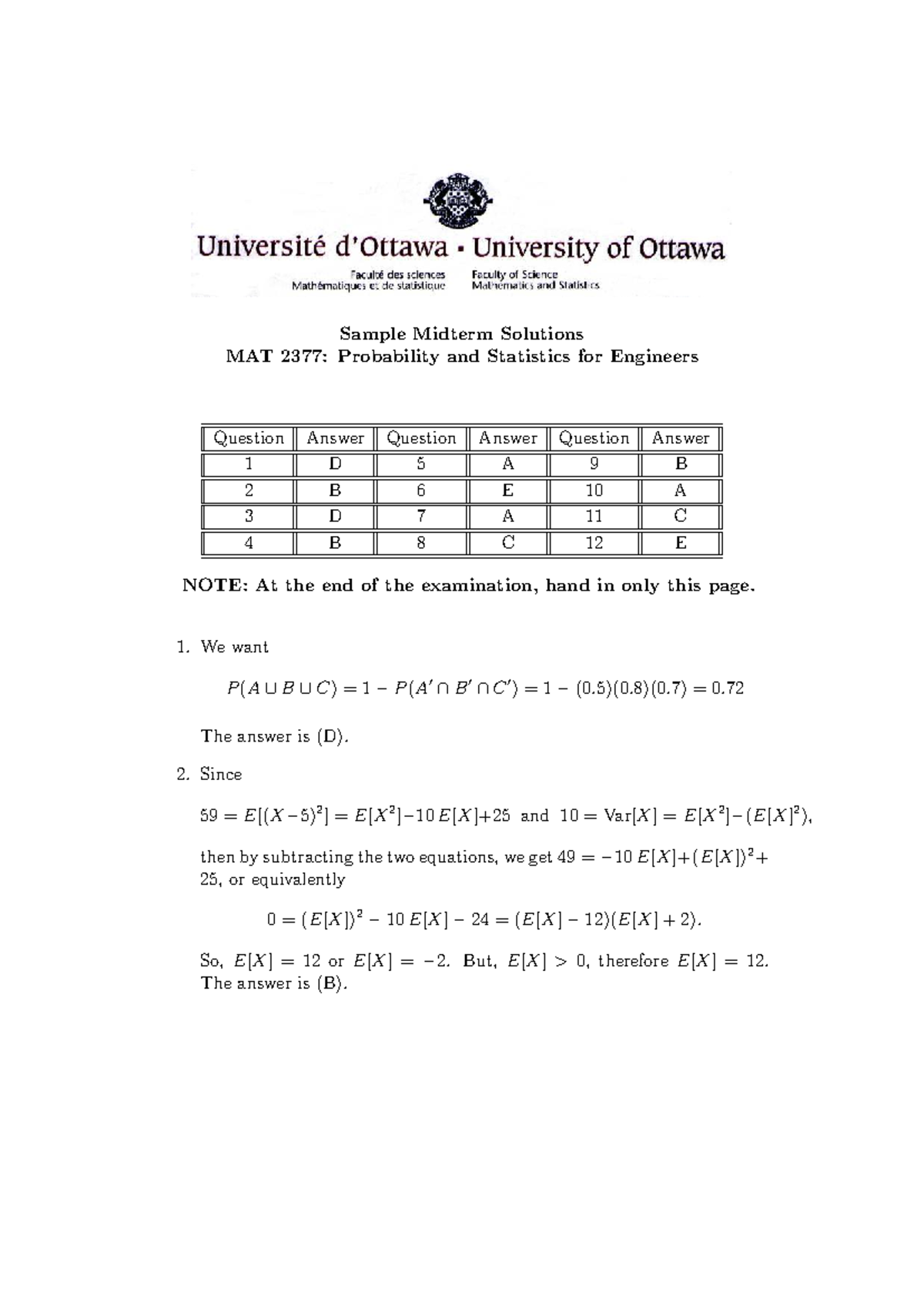 Sample Midterm Solutions for MAT 2377: Probability & Statistics - Studocu