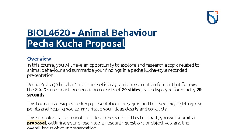 BIOL4620 Animal Behaviour - Pecha Kucha Proposal Overview - Studocu