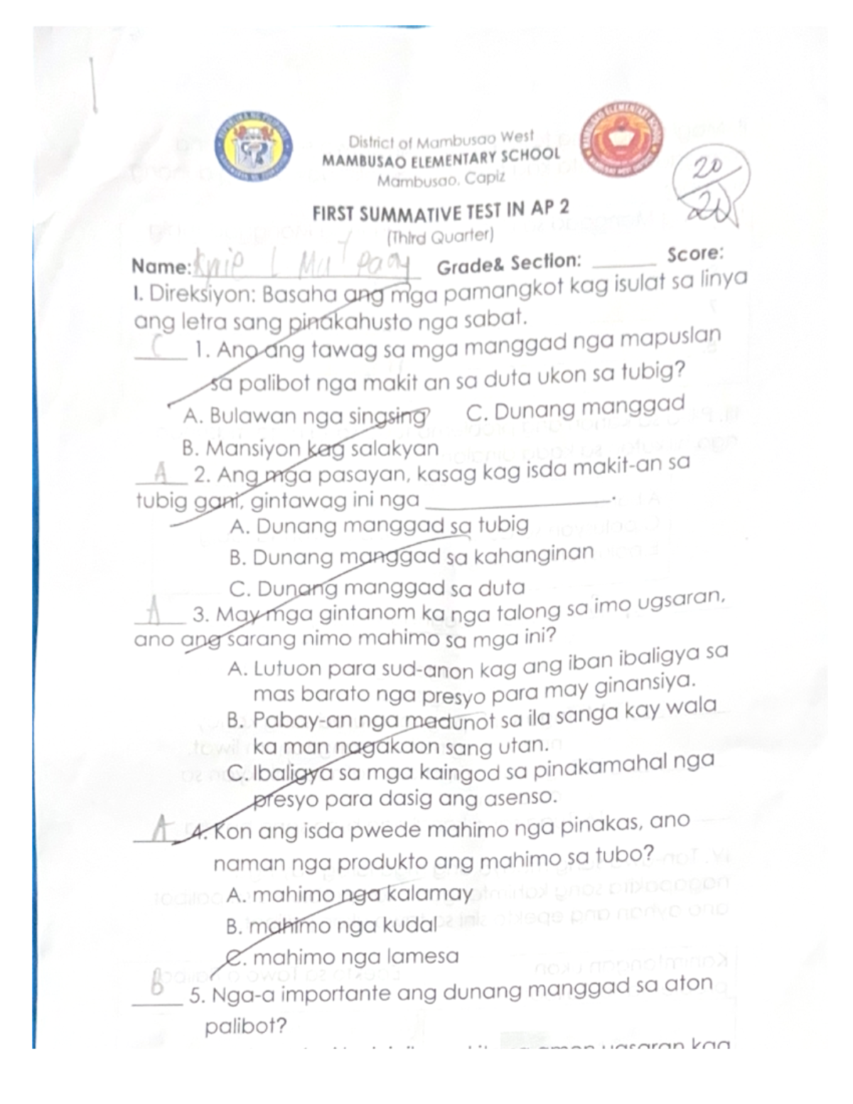 Kyrie 2nd & 1st Summative Tests in AP, English, and Math 2 (3rd Qtr ...