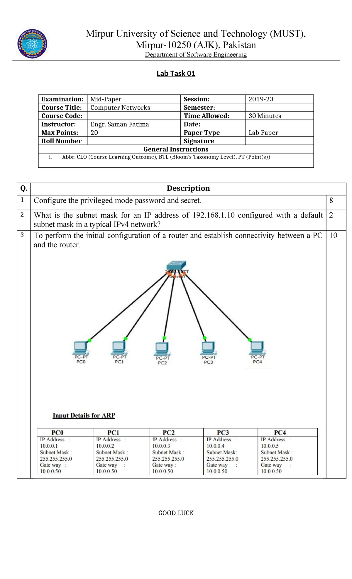 Lab Task 01: Computer Networks Mid-Paper 2019 (Lab Paper) - Studocu