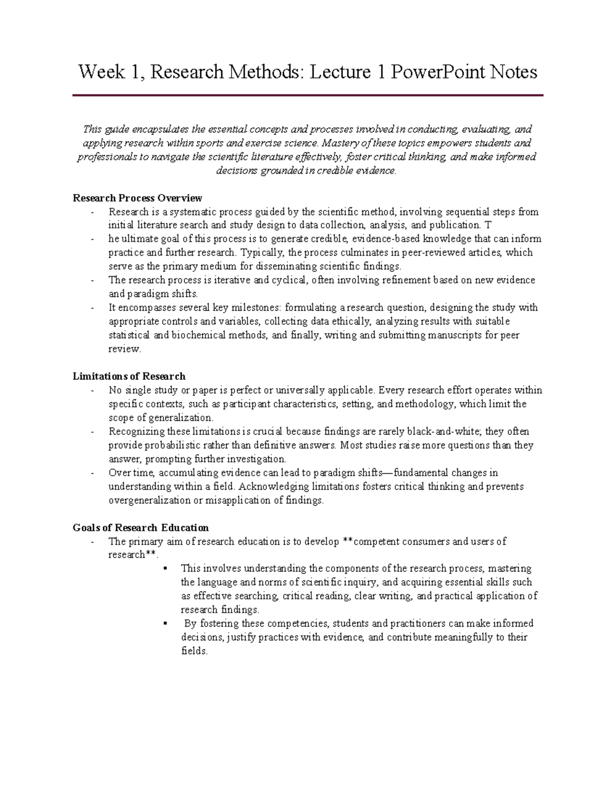 Research Methods in Sports Science: Lecture 1 Overview & Insights - Studocu