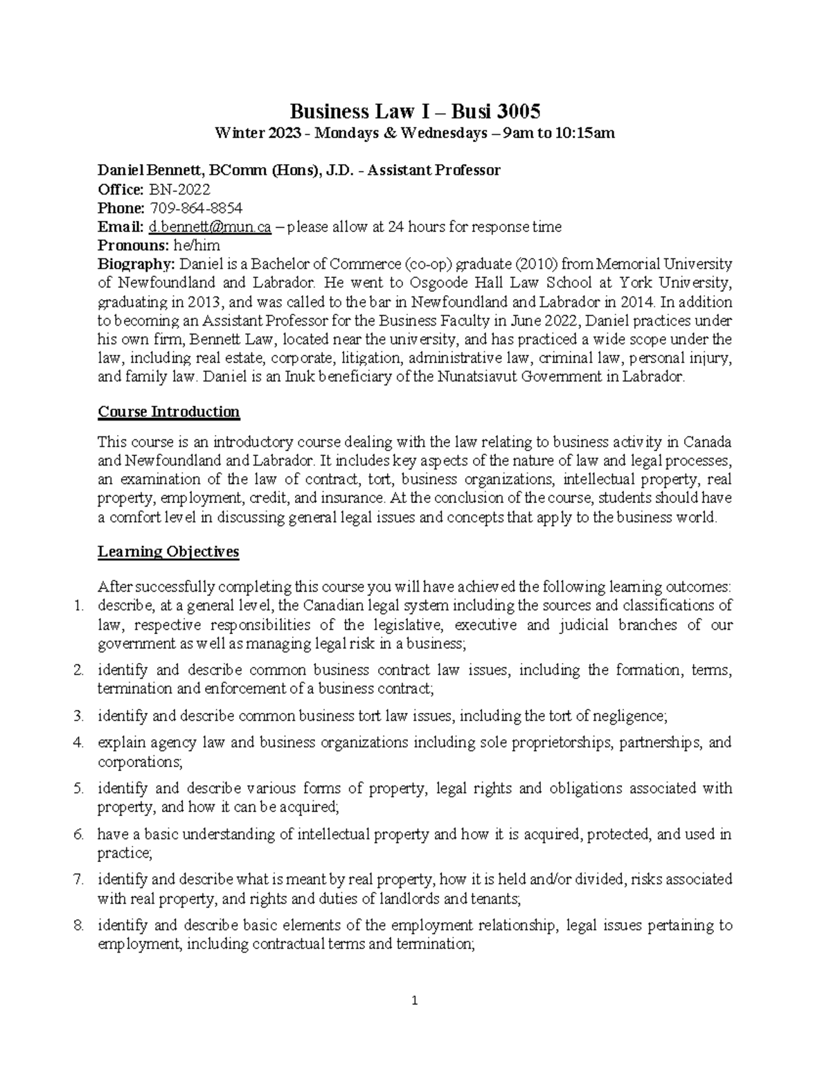 Busi 3005 - Business Law I Course Outline - Winter 2023 - Studocu