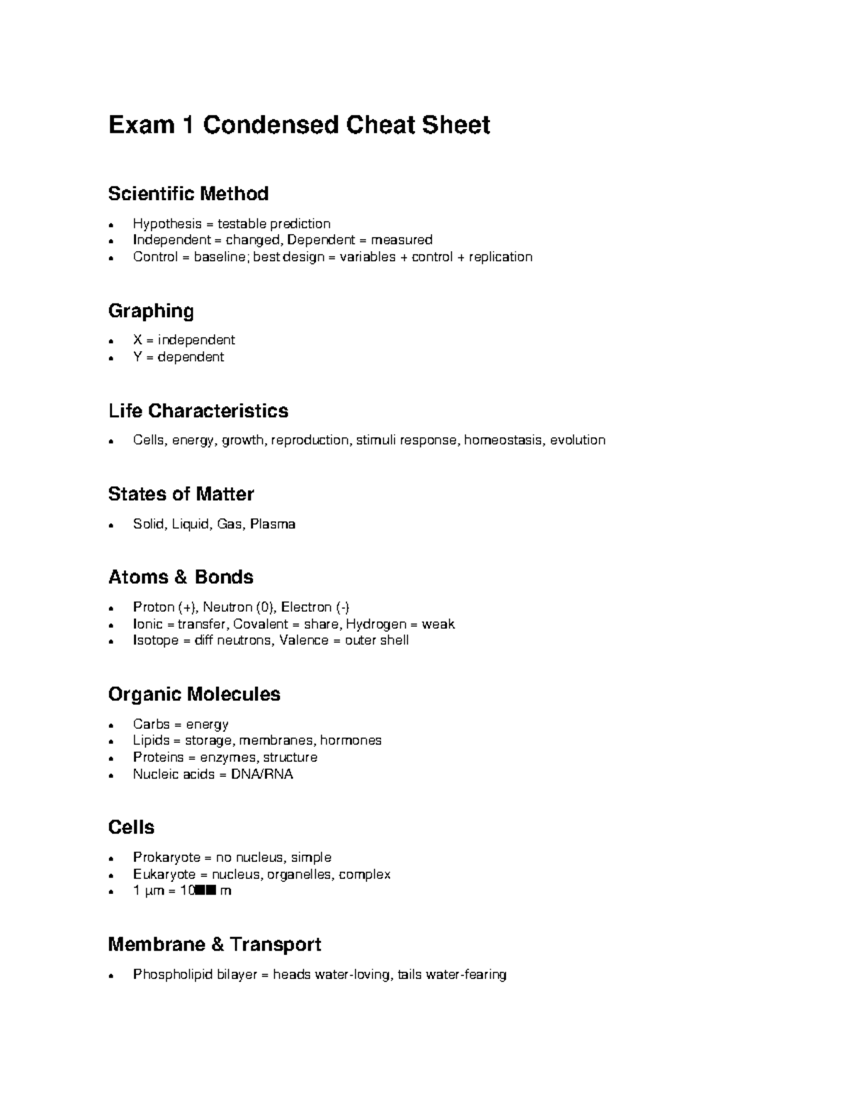 BIO101 Exam 1 Cheat Sheet: Scientific Method & Key Concepts - Studocu