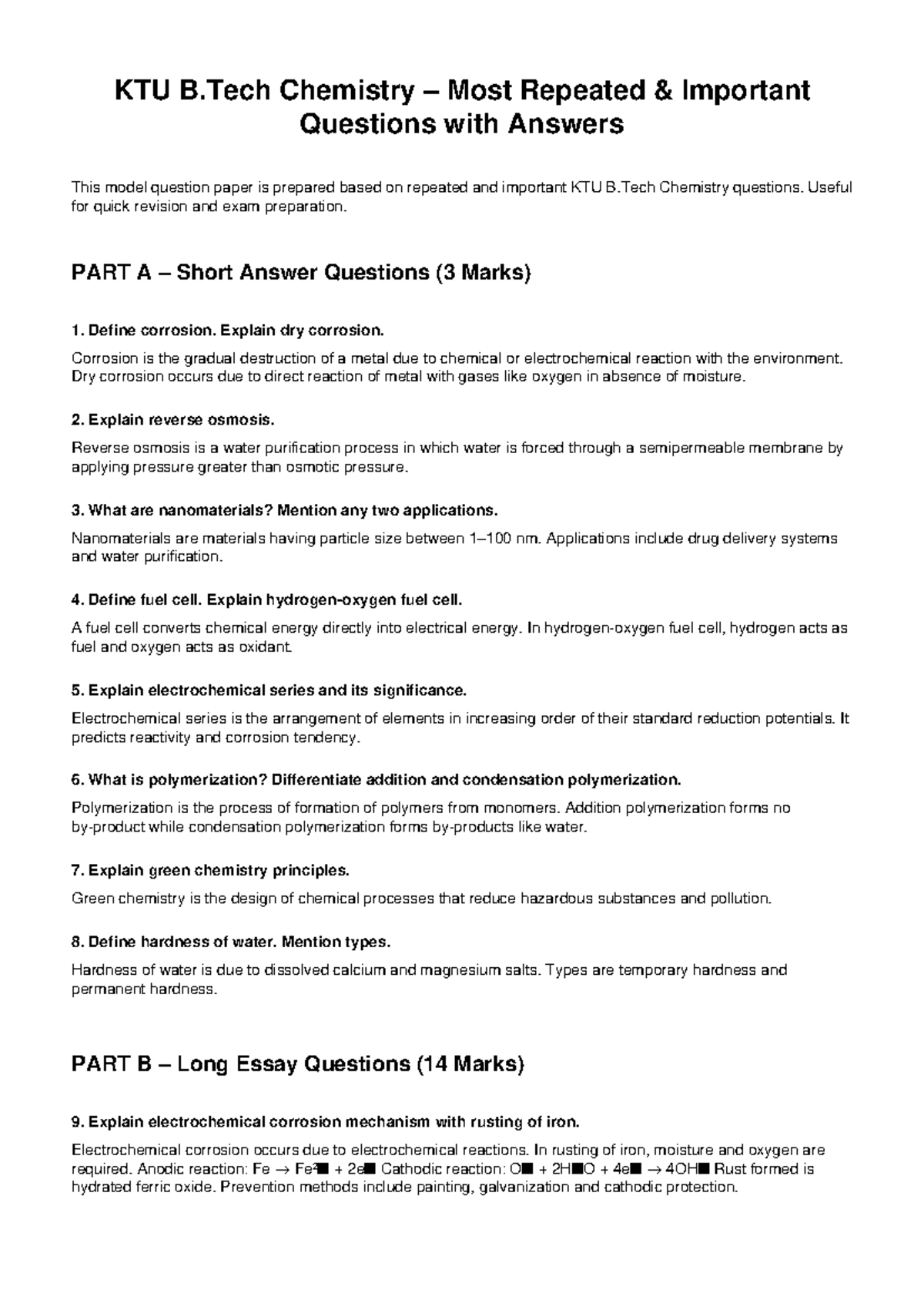 KTU B.Tech Chemistry Important Questions & Answers for Exams - Studocu