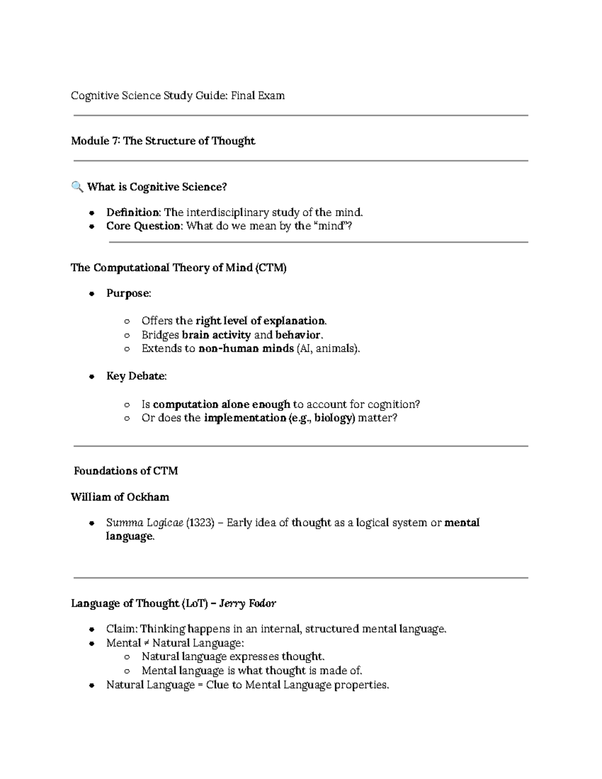 Cognitive Science (CS101) Final Exam Study Guide: Modules 7-9 Overview ...