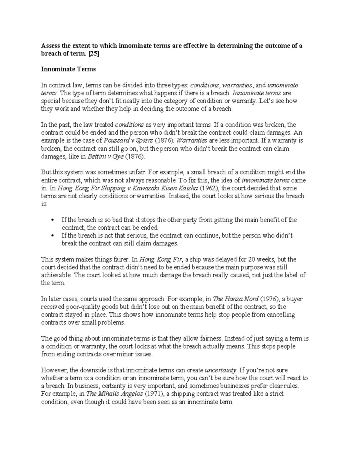 A2 Contract Law Past Paper Q: Innominate Terms & Breach Outcomes - Studocu