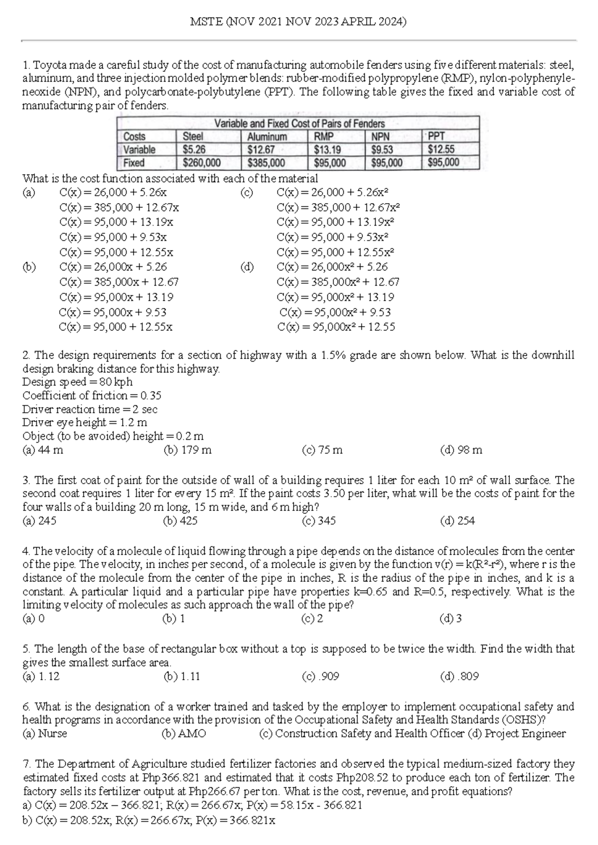 MSTE 101 - Cost Analysis and Problem Solving in Engineering Design ...