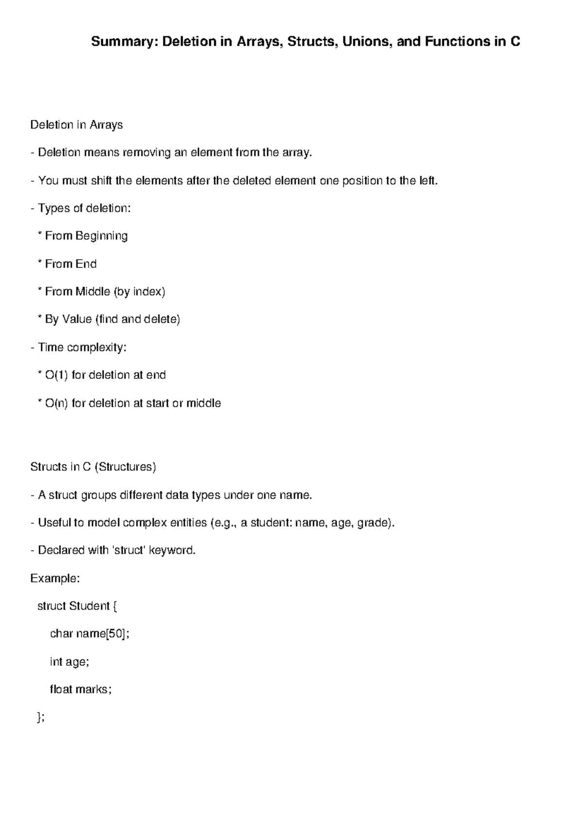 C Notes: Deletion in Arrays, Structs, Unions, and Functions - Studocu