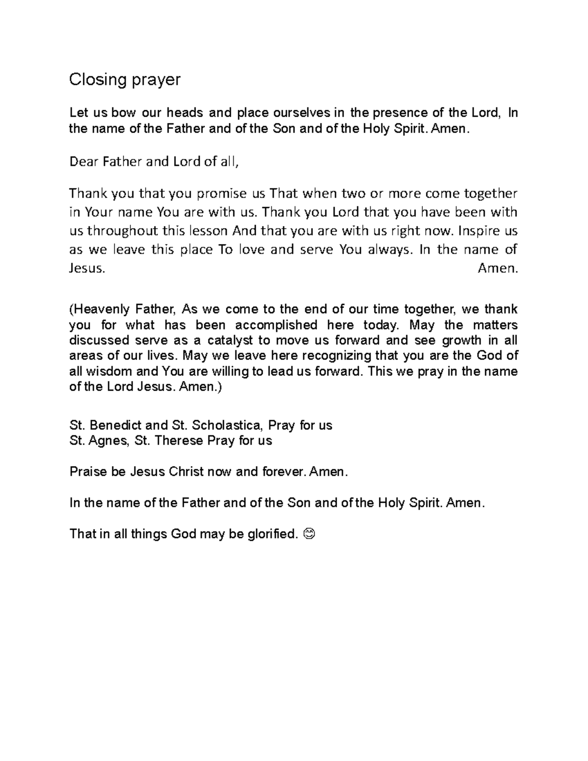 Closing Prayer - Closing prayer Let us bow our heads and place ...