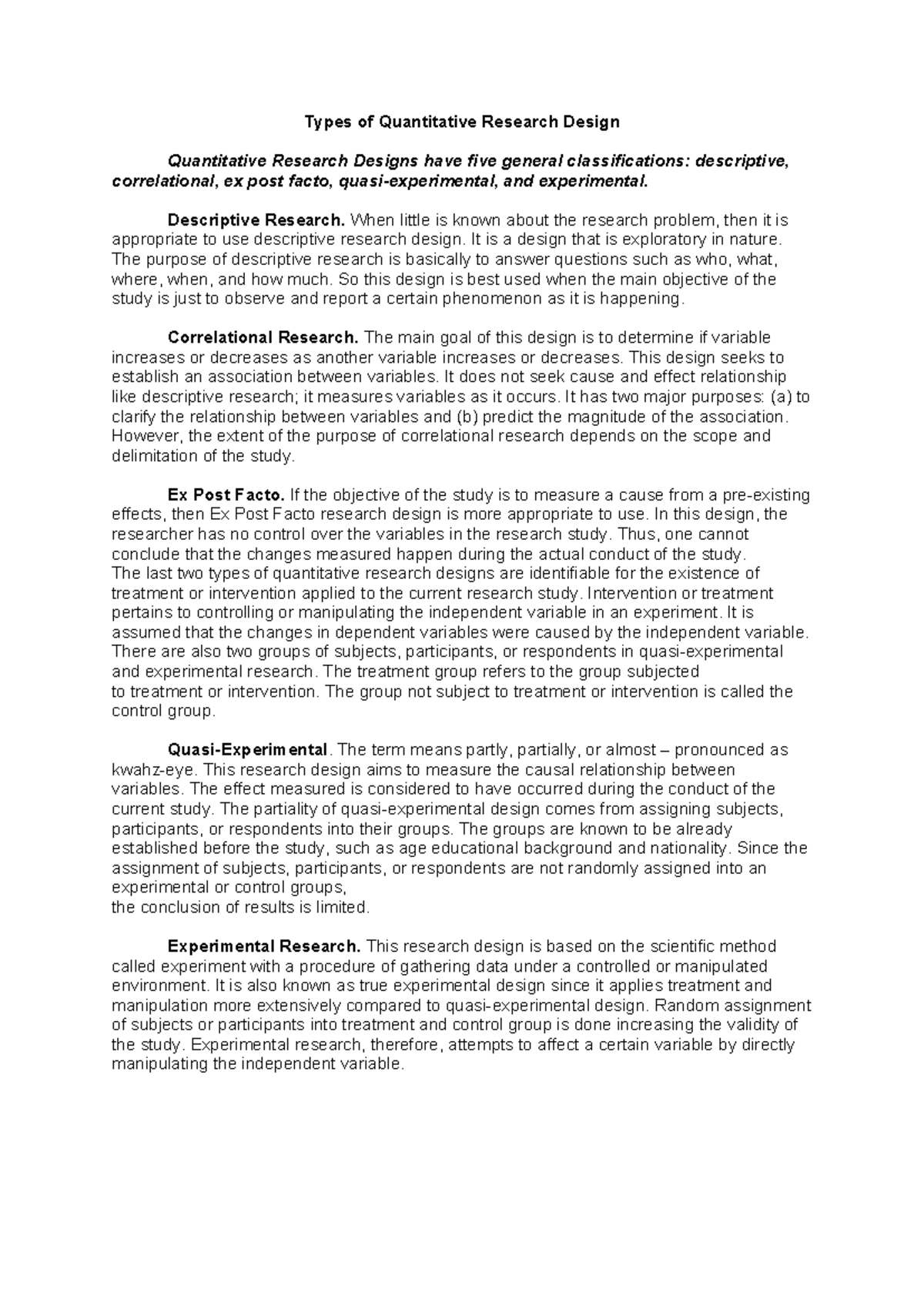 Types of Quantitative Research Design - 2nd Q Overview - Studocu